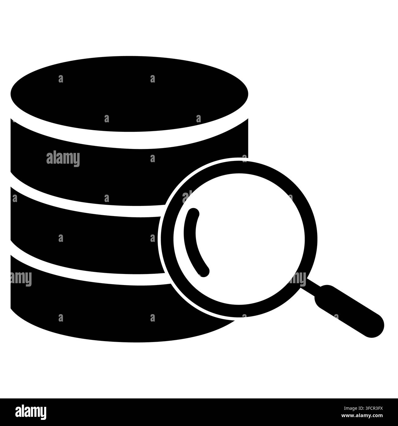 Icona di ricerca del database. Server di archiviazione del database con simbolo di lente d'ingrandimento. Simbolo del database. stile piatto. Foto Stock