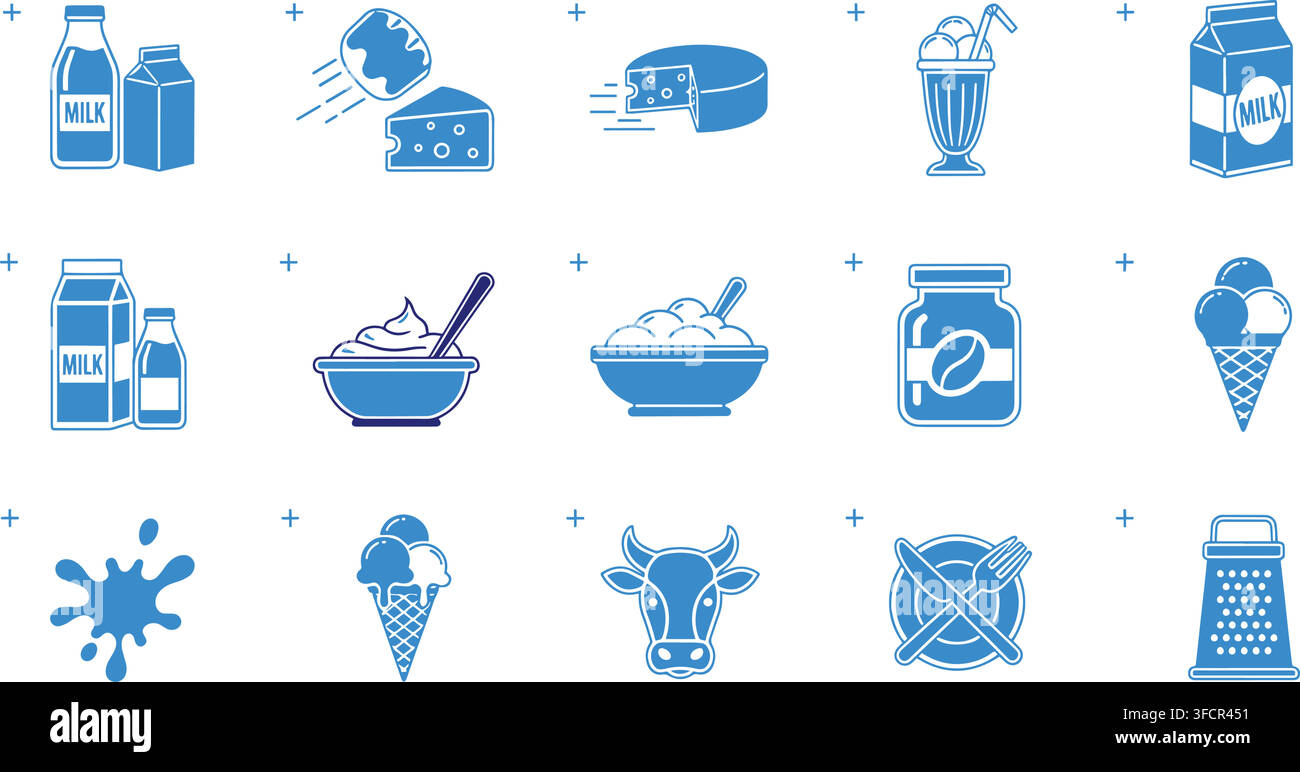 Set di icone vettoriali lineari di prodotti caseari blu, latte e gelato contenente formaggio, yogurt, schizzi di mucca e grattugiare. Illustrazione Vettoriale