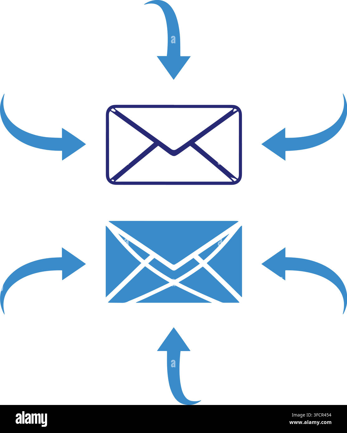 Icone a busta blu con frecce che indicano l'invio e la ricezione di posta per simboli di comunicazione e connessione. Illustrazione Vettoriale