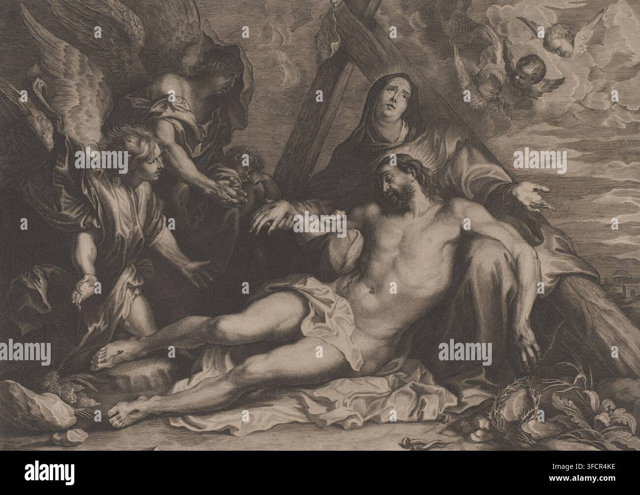 Lamentazione del Cristo, stampa, incisore, dopo stampa di, dopo pittura di, Anthony van Dyck, Lucas Vorsterman (I), carta, incisione, altezza 336 mm x larghezza 447 mm, il lutto sul Cristo morto., Un'incisione monocroma che mostra una figura maschile sdraiata con gli occhi chiusi e una stoffa intorno alla vita, sostenuta da una figura femminile seduta che guarda verso l'alto, una grande croce di legno dietro di loro, diverse figure angeliche alate che li circondano con vesti fluenti e mani tese, un gruppo di teste di cherubini nell'angolo superiore tra nuvole turbinanti, pieghe dettagliate del tessuto e ombreggiature testurizzate Foto Stock