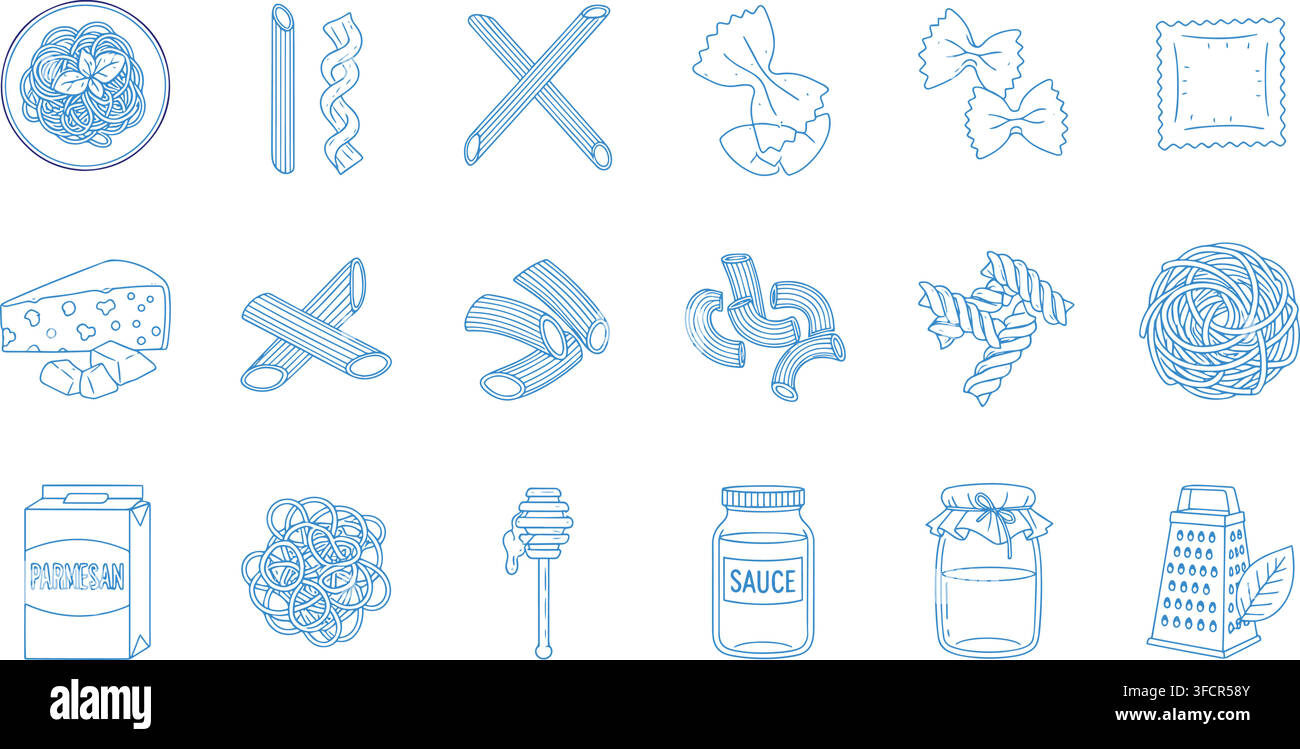 Set di icone outline di varietà di pasta blu include maccheroni, spaghetti, ravioli, farfalle, formaggio e attrezzature da cucina. Illustrazione Vettoriale