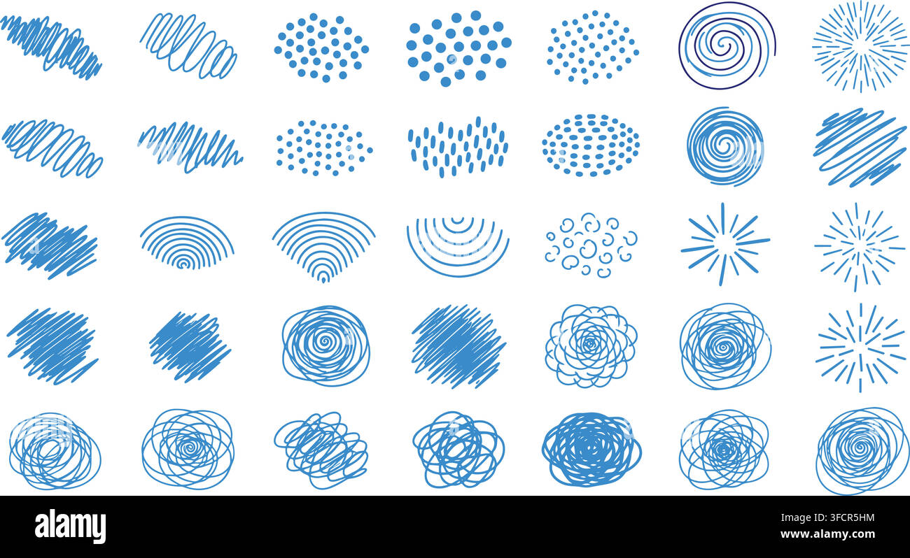 Collezione di scarabocchi blu astratti e motivi circolari per sfondi decorativi e texture artistiche. Illustrazione Vettoriale