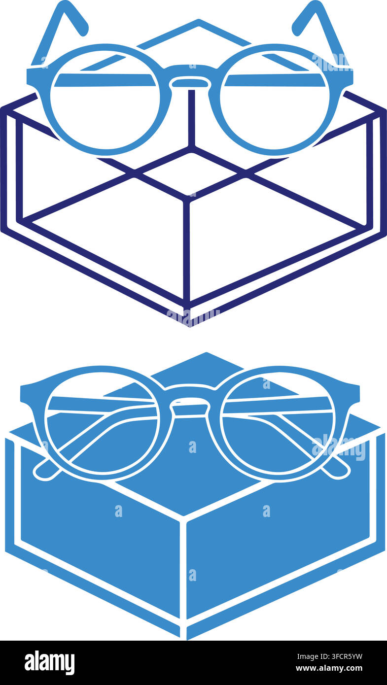 Set di icone per occhiali su una cornice a scatola in linea blu e stile solido per la visione retail e il design di accessori alla moda. Illustrazione Vettoriale