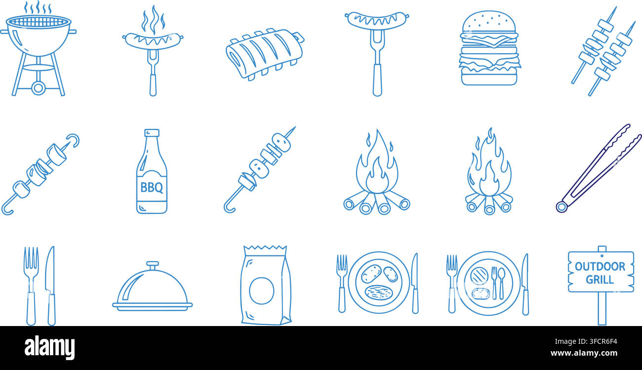 Icone vettoriali per barbecue all'aperto e cibo da picnic per eventi estivi. Illustrazione Vettoriale