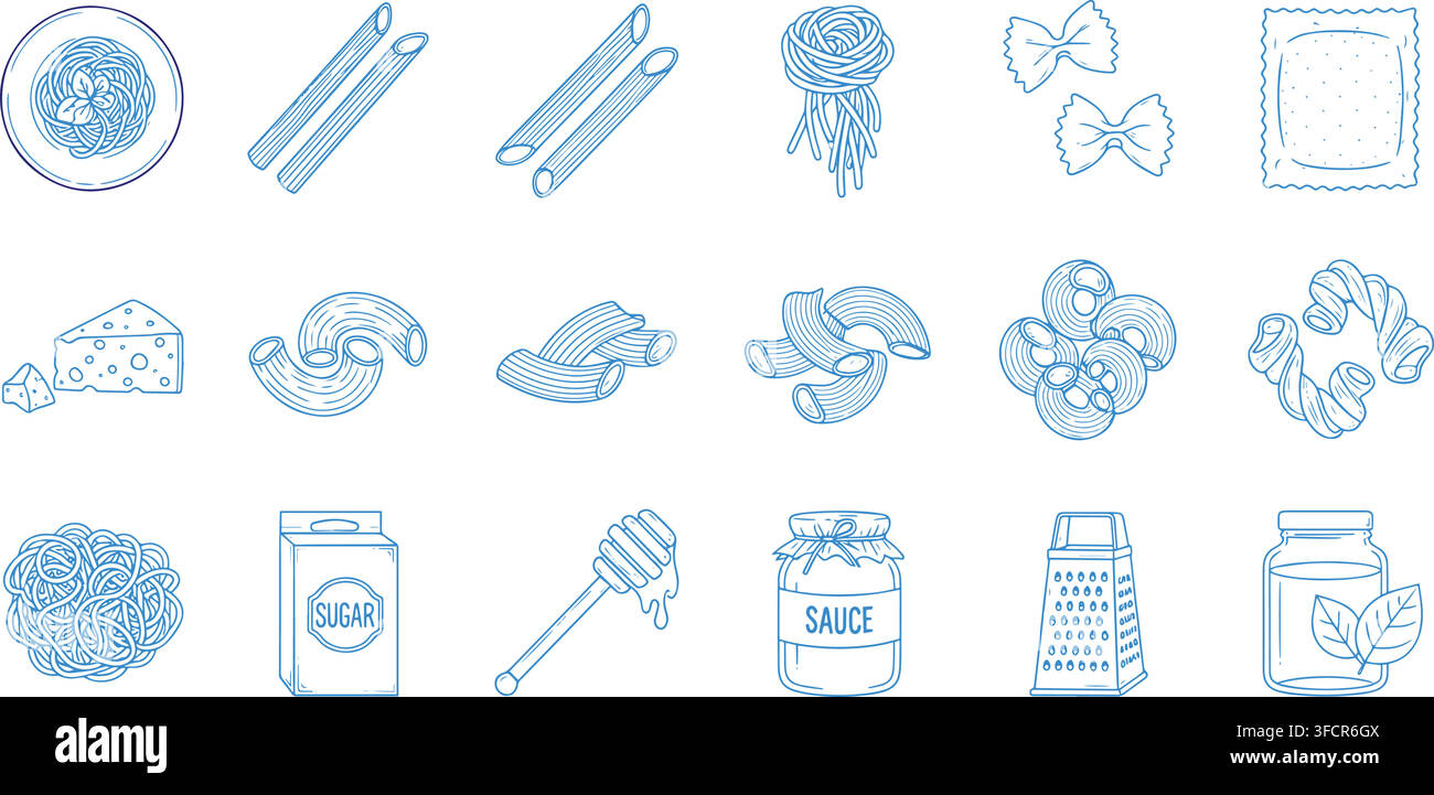 Set di icone di contorni di pasta e salsa con varie forme di pasta, illustrazioni di miele e salse. Illustrazione Vettoriale