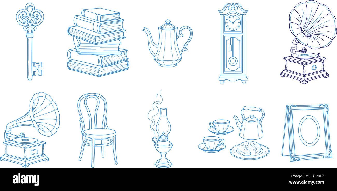Oggetti di design d'interni vintage, collezione di arte lineare blu per decorazioni domestiche antiche e progetti artistici classici. Illustrazione Vettoriale