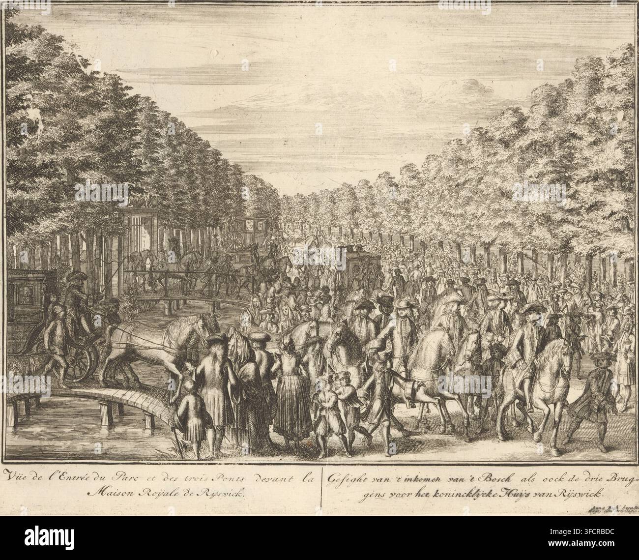 Vista dell'ingresso del parco e dei tre ponti davanti alla casa reale di Rijswick, Gesight van 't inkomen van 't Bosch als oock de drie Bruggens voor het konincklijke Huys van Rijswick, Gezicht op de boslaan con i tre ponti davanti alla Huis ter Nieuburch a Rijswijk, 1697, stampa, incisione storica, Boslaan con i tre ponti con carrozze e molto pubblico davanti alla Huis ter Nieuburch a Rijswijk. Parte della serie di quindici stampe sulla Huis ter Nieuburch a Rijswijk e le trattative di pace ivi svoltesi., incisore: Adriaen Schoonebeek, Amsterdam, editore: Anna Beeck, L'Aia, sconosciuto, Foto Stock