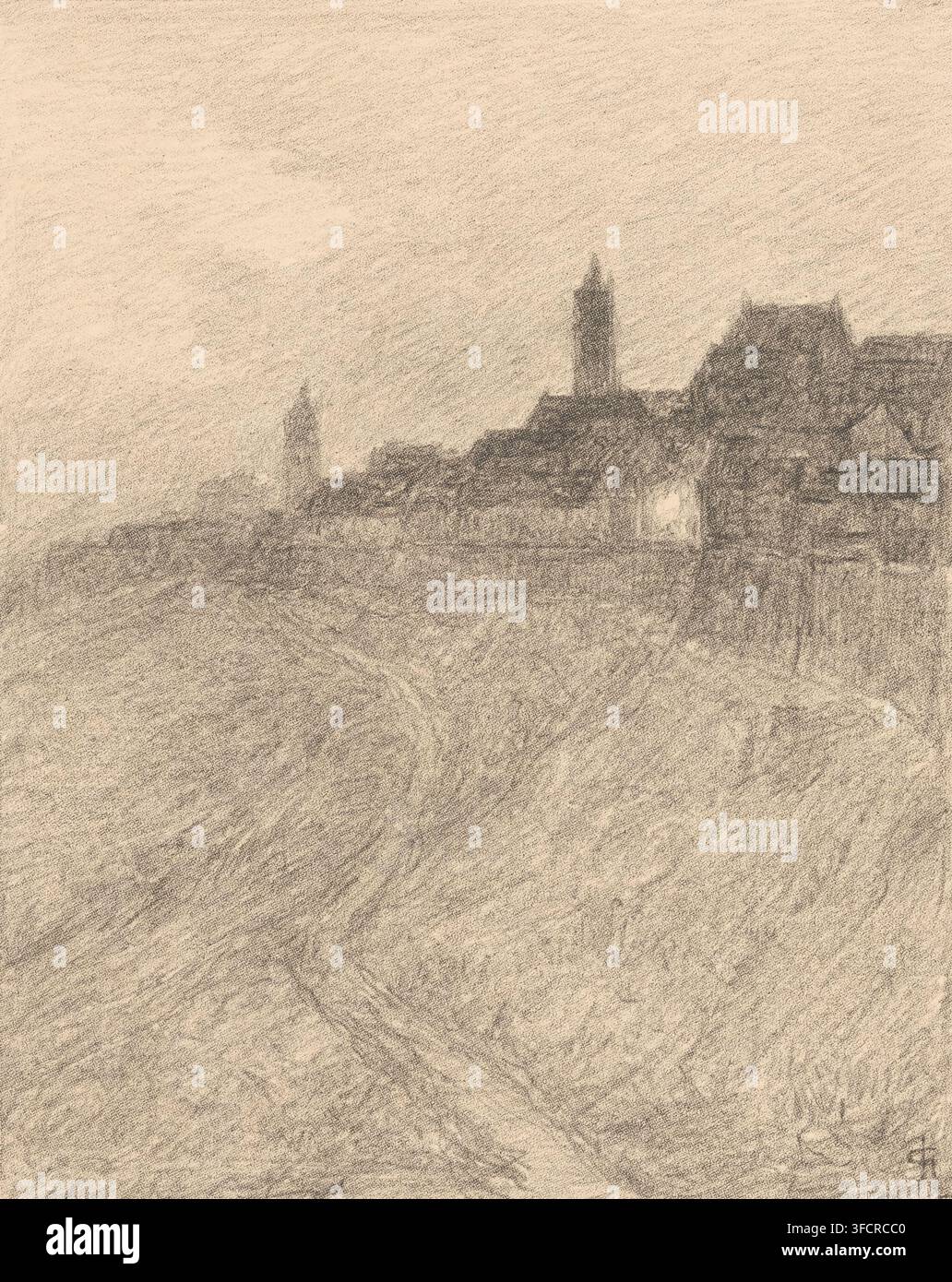 Vista di Rothenburg ob der Tauber, stampa, numero: '41', incisore: Carel Nicolaas Storm van 's-Gravesande (firmato dall'artista), 1851 - 1902, Carel Nicolaas Storm van 's-Gravesande, carta, litografia, altezza 258 mm x larghezza 212 mm, veduta della città, panorama urbano, silhouette della città, Baviera, Rothenburg ob der Tauber., Uno schizzo a matita seppia che mostra una silhouette di città lontana lungo l'orizzonte con tetti raggruppati e una torre alta e stretta che si erge al di sopra di essi, un edificio più grande con un tetto a spiovente accanto alla torre e strutture più morbide e più basse che si estendono verso sinistra; il primo piano è composto da ampi Foto Stock