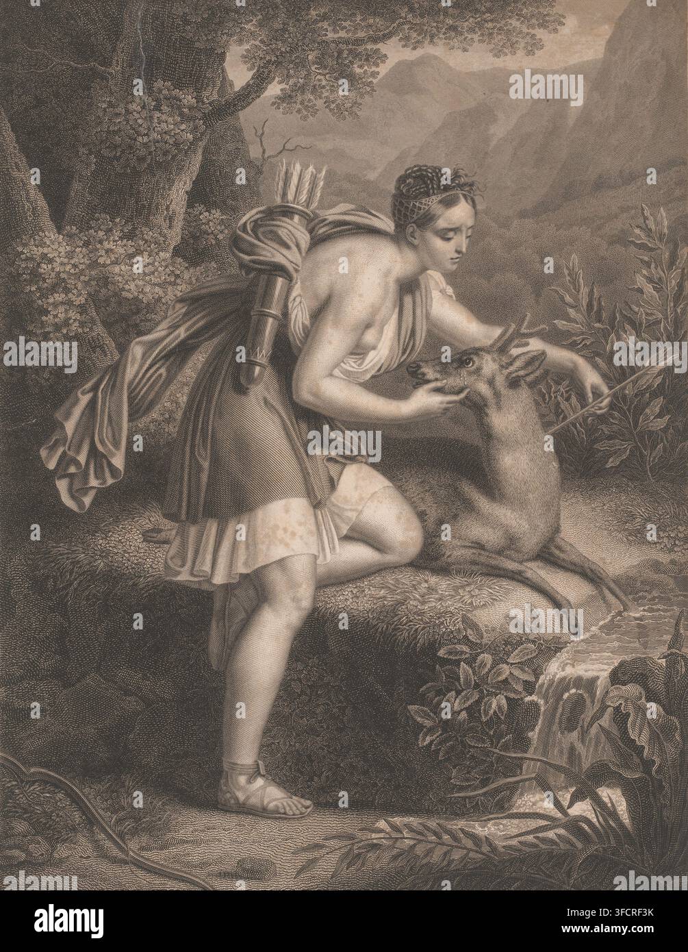 Ninfa di Diana prende una freccia dal collo di un cervo, La Nymphe de Diane, stampa, incisore: Jean Louis Potrelle, dopo un dipinto di Jean Pierre Norblin de la Gourdaine, 1798 - 1824, carta, incisione, acquaforte, altezza 493 mm x larghezza 377 mm, animali con zoccoli: cervo, compagni, ninfe di Diana, 'Ninfe di Diana' (Ripa). Un'incisione a seppia che mostra una donna inginocchiata in abito classico con un faretra di frecce sulla schiena e un mantello drappeggiato, che si china in avanti per sostenere la testa di un cervo sdraiato mentre tiene un'asta simile a una lancia; la donna ha i capelli intrecciati con una fascia e un'espressione concentrata Foto Stock