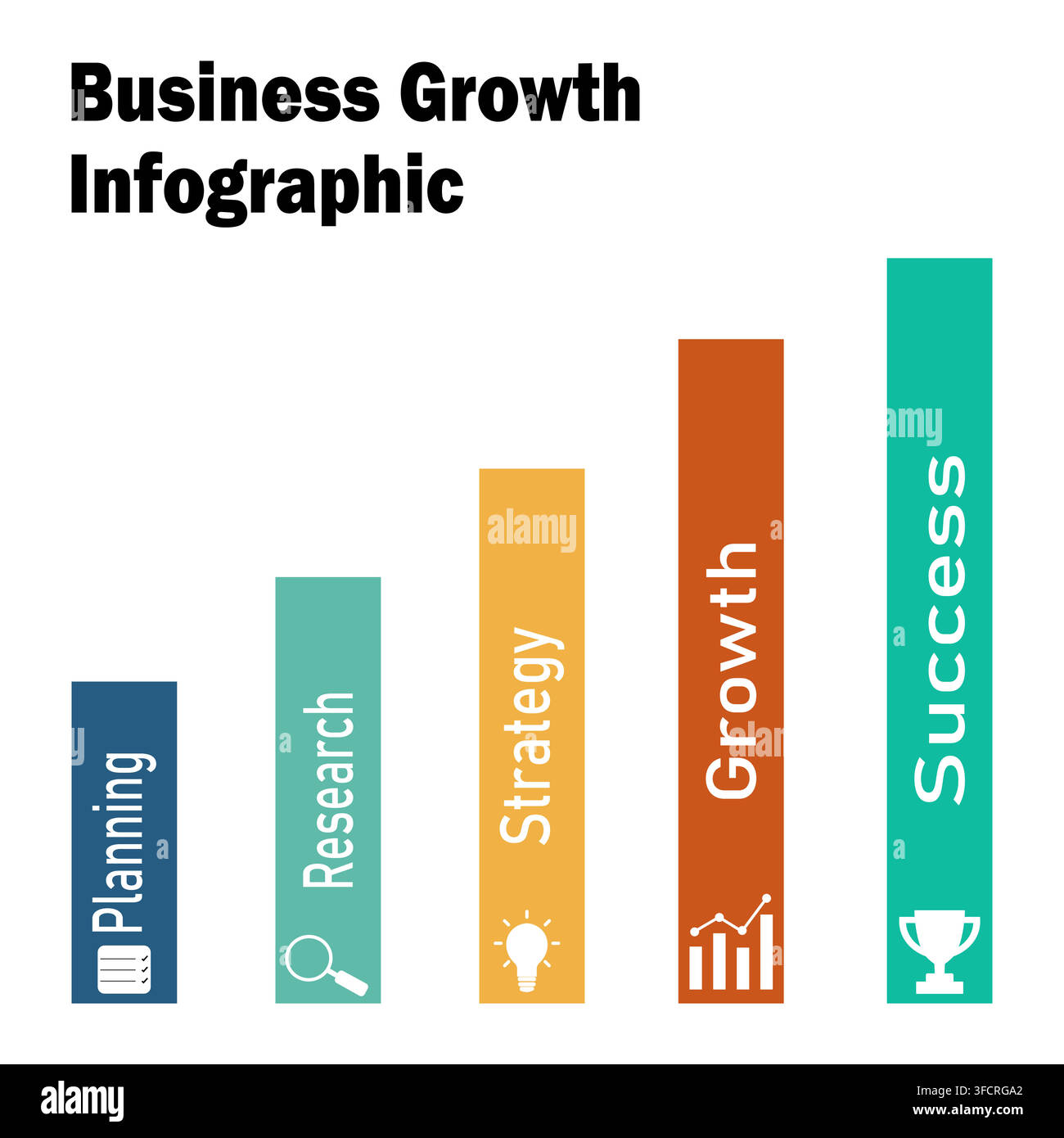 Modello di infografica a diagramma a barre di crescita aziendale con icone di successo vettoriali Illustrazione Vettoriale