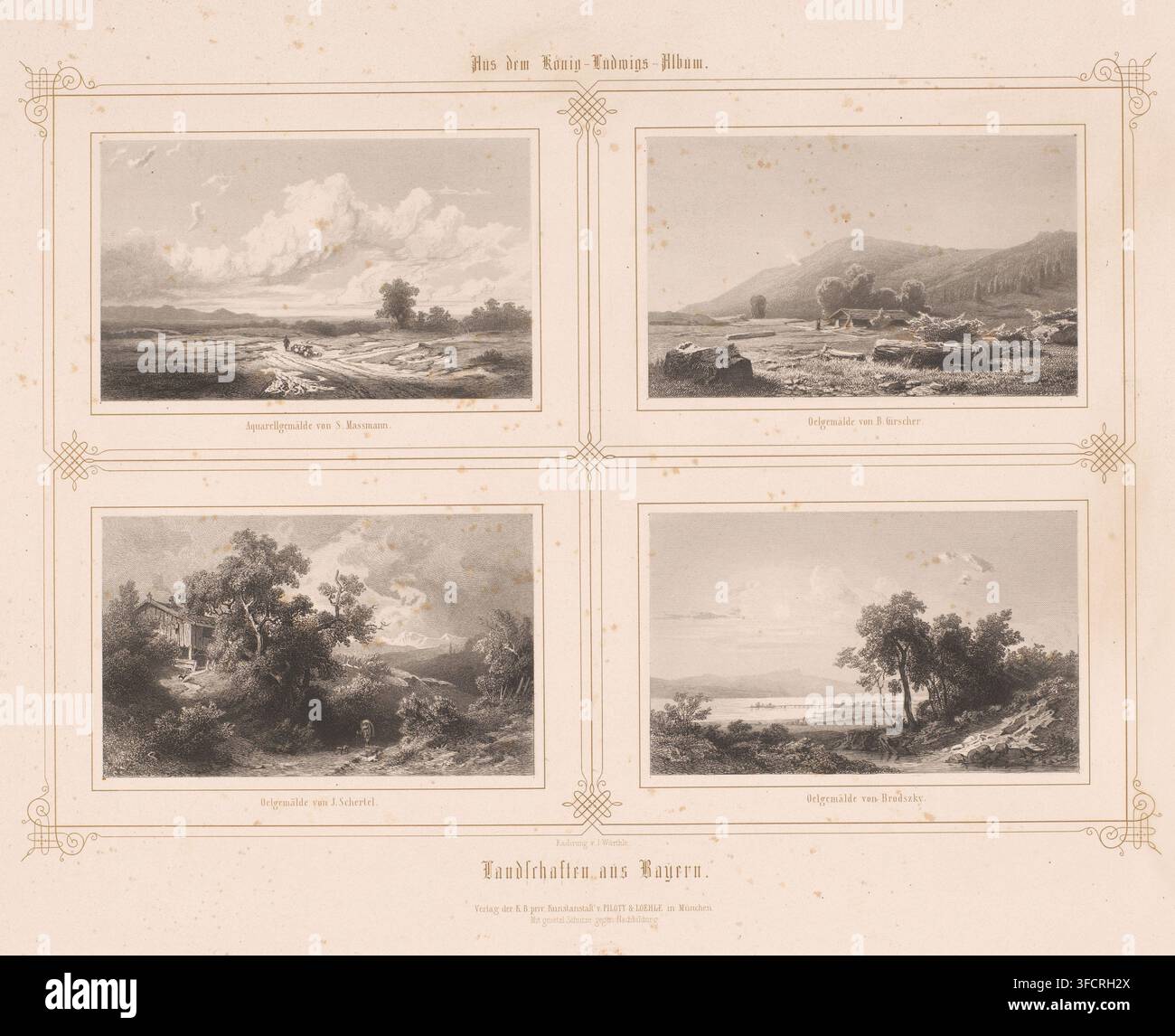 Paesaggi della Bavaria, Quattro paesaggi bavaresi, Album presentato a Ludovico I di Baviera, Album di Re Ludovico, stampa, timbro di controllo: 'Piloty & Loehle Monaco di Baviera', stampatore: Julie Würthle, Germania, dopo dipinto di Siegfried Massmann, dopo dipinto di Bernhard Moritz Girscher, dopo dipinto di Josef Schertel, dopo dipinto di Sándor Brodszky, editore: Piloty & Löhle, Monaco di Baviera, c. 1869 - 1907, Bavaria, carta, incisione in acciaio, roulette, litografia, litografia e roulette, altezza 420 mm x larghezza 567 mm, Persona, Ludovico I (Re di Baviera), paesaggi, lago, 'in viaggio', viaggiatore in cammino, Foto Stock