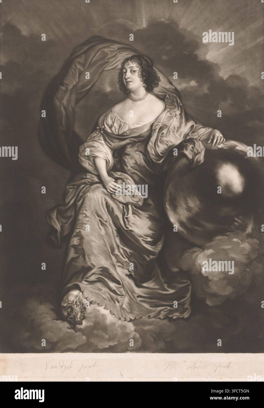 Ritratto di Rachel Wriothesley, stampa, iscrizione: 'Van dyck pinxt. J.Mc Ardell fecit', stampatore: James McArdell, Londra, dopo un dipinto di Anthony van Dyck, 1758, carta, mezzotinta, prova, altezza 500 mm x larghezza 352 mm, Persona, Rachel Wriothesley (Contessa di Southampton), personaggi storici - BB - donna, cranio (umano), nuvole, sfera, globo, stereometria., Un dipinto monocromo di una donna seduta su una nuvola avvolta in un tessuto fluido e raccolto che cade intorno a lei e si raccoglie ai suoi piedi, con una mano appoggiata su una grande sfera riflettente accanto a lei e l'altra mano posata in grembo, Foto Stock