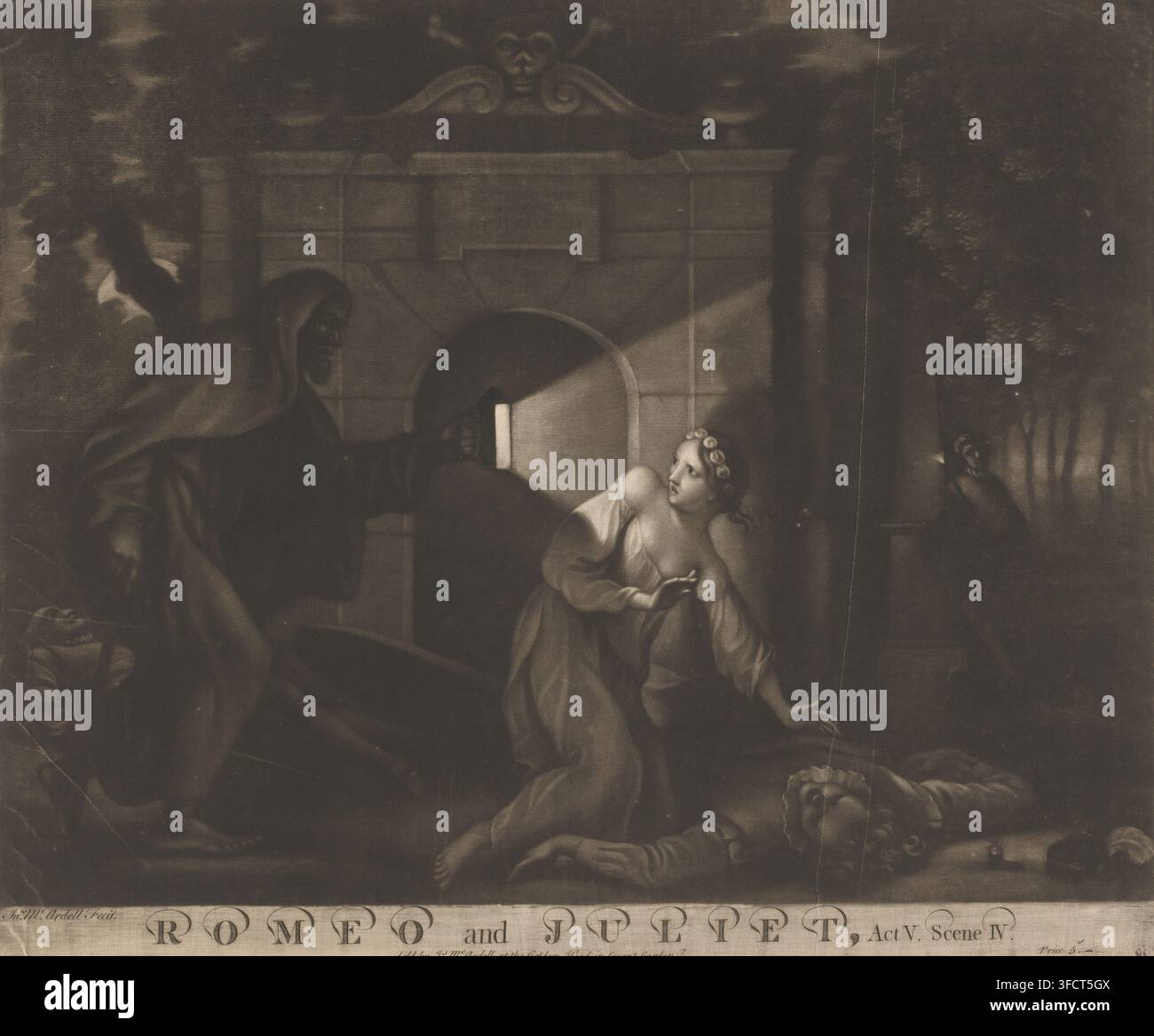 Giulia si inginocchia accanto al corpo di Romeo e guarda un monaco con una lanterna, Romeo e Giulietta, Atto V. Scena IV., stampa, Scena da 'Romeo e Giulietta' di Shakespeare., incisore: James McArdell, Londra, dopo il disegno di Benjamin Wilson, editore: James McArdell, c. 1746 - 1765, James McArdell, Benjamin Wilson, incisore, dopo il disegno di, editore, carta, mezzotinta, altezza 378 mm x larghezza 452 mm, cimitero, chiesa, monaco(i), frate(i), lanterna, Romeo, Giulietta., Una scena scarsamente illuminata mostra una giovane donna in un abito fluente accovacciata e che guarda verso l'alto con un'espressione sconcertata mentre una figura incappucciata e vestita con un mantello Foto Stock