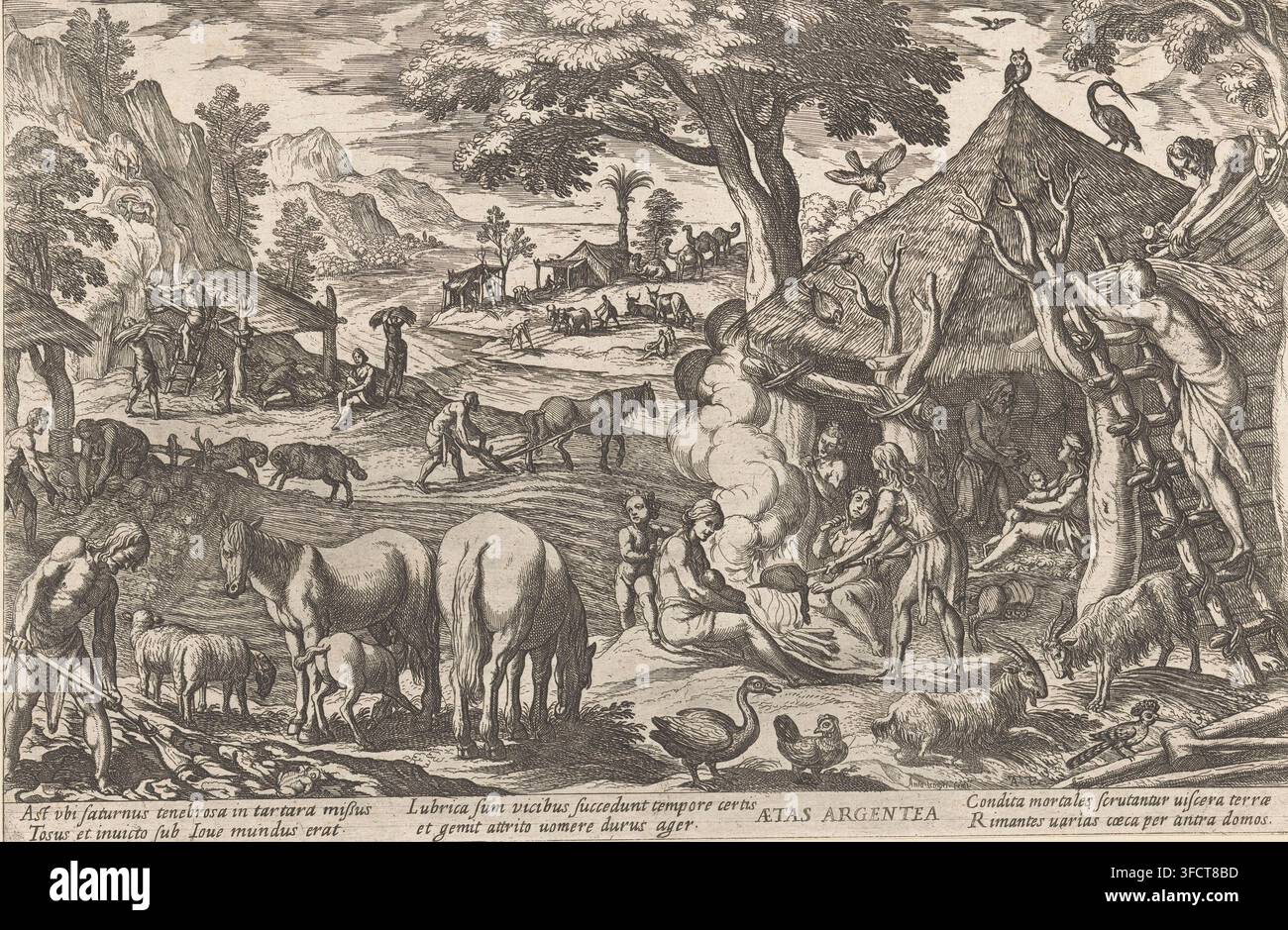 Età d'argento, Aetas argentea, Quattro Età del Mondo, stampa, L'Età d'argento: le persone coltivano la terra e allevano il bestiame. Vivono in case. Didascalia e titolo in latino nel margine inferiore., incisore: Antonio Tempesta, Italia, editore: Nicolaus van Aelst, Roma, 1599, carta, incisione, altezza 221 mm x larghezza 336 mm, 'Aetas argentea', uomini arano il terreno e costruiscono capanne., Un'incisione monocroma dettagliata mostra una scena rurale con molte figure umane, animali, tende, capanne, alberi, colline rocciose e un fiume o specchio d'acqua sullo sfondo; in primo piano le persone si prendono cura del bestiame, compresi i cavalli, Foto Stock