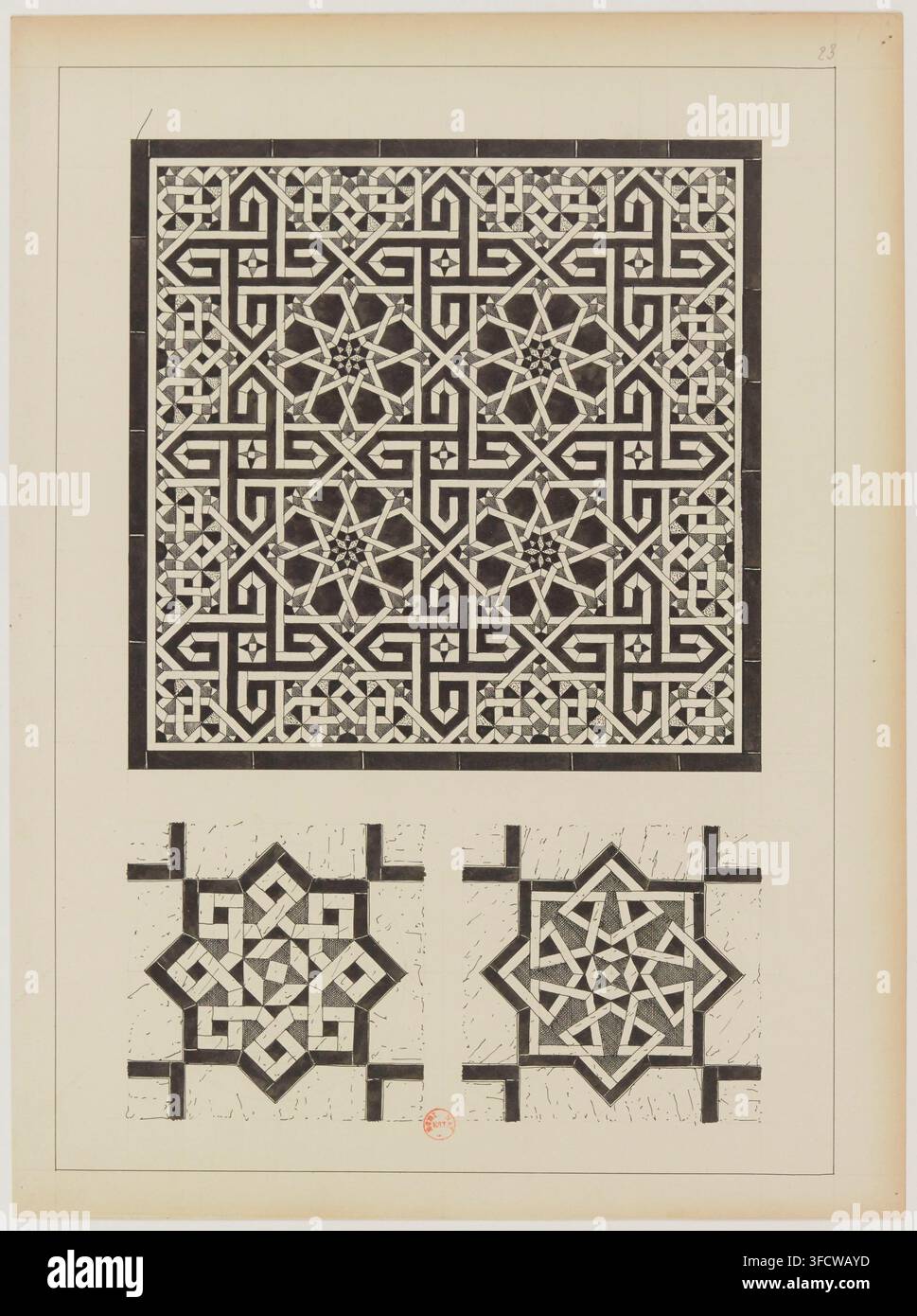 Un disegno del XIX secolo di un motivo geometrico con intricate forme stellari e linee intrecciate, caratteristico dell'arte islamica, creato nel 1873. Foto Stock