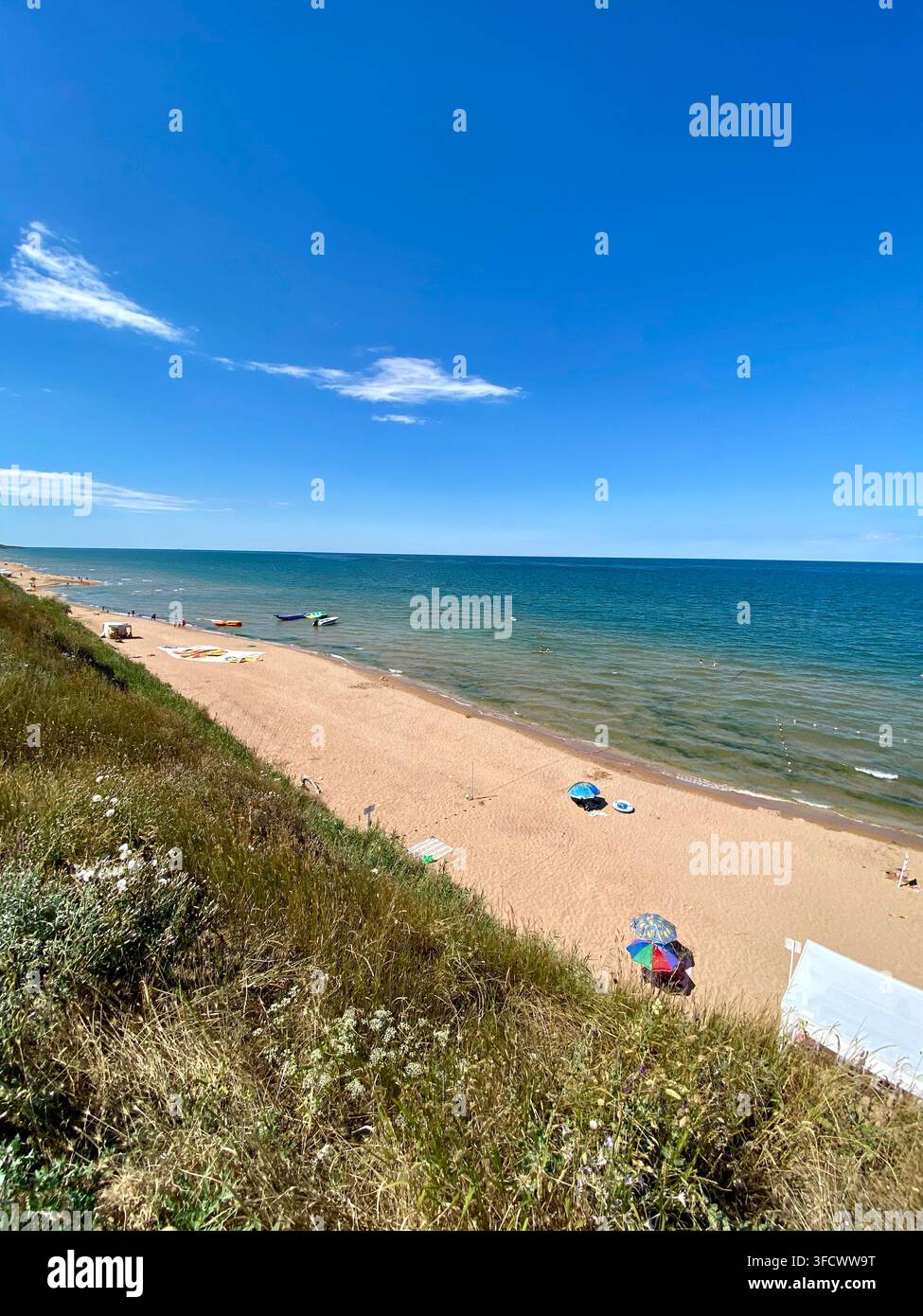 Ampia spiaggia sabbiosa e mare calmo sotto un vivido cielo estivo blu. - Immagine stock catturata con smartphone