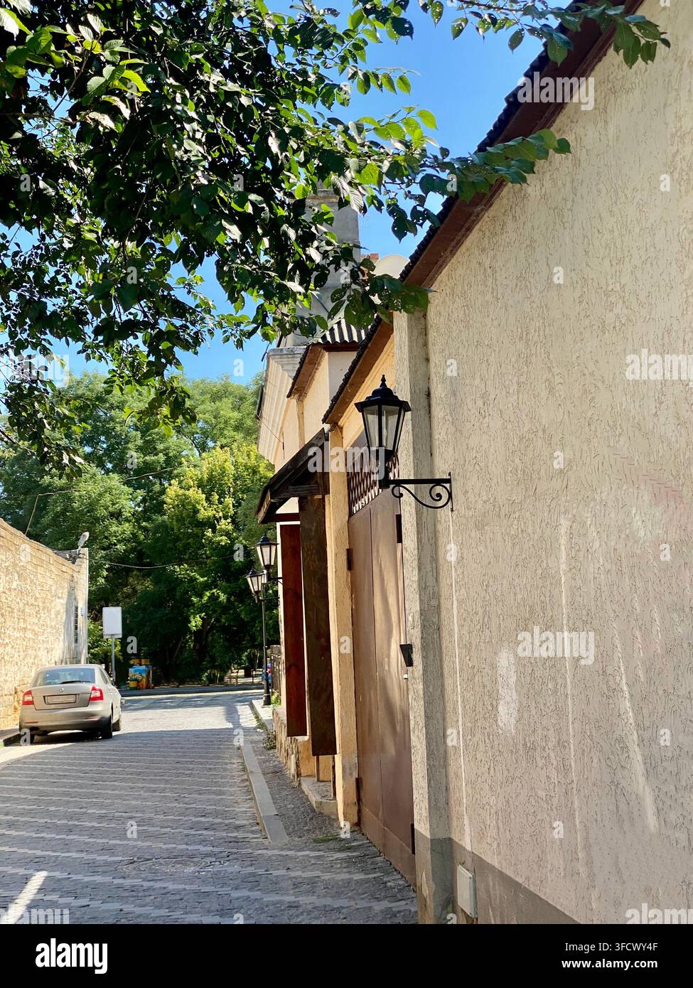 Stretta strada acciottolata con case tradizionali che conduce verso una piazza ombreggiata e frondosa Foto Stock