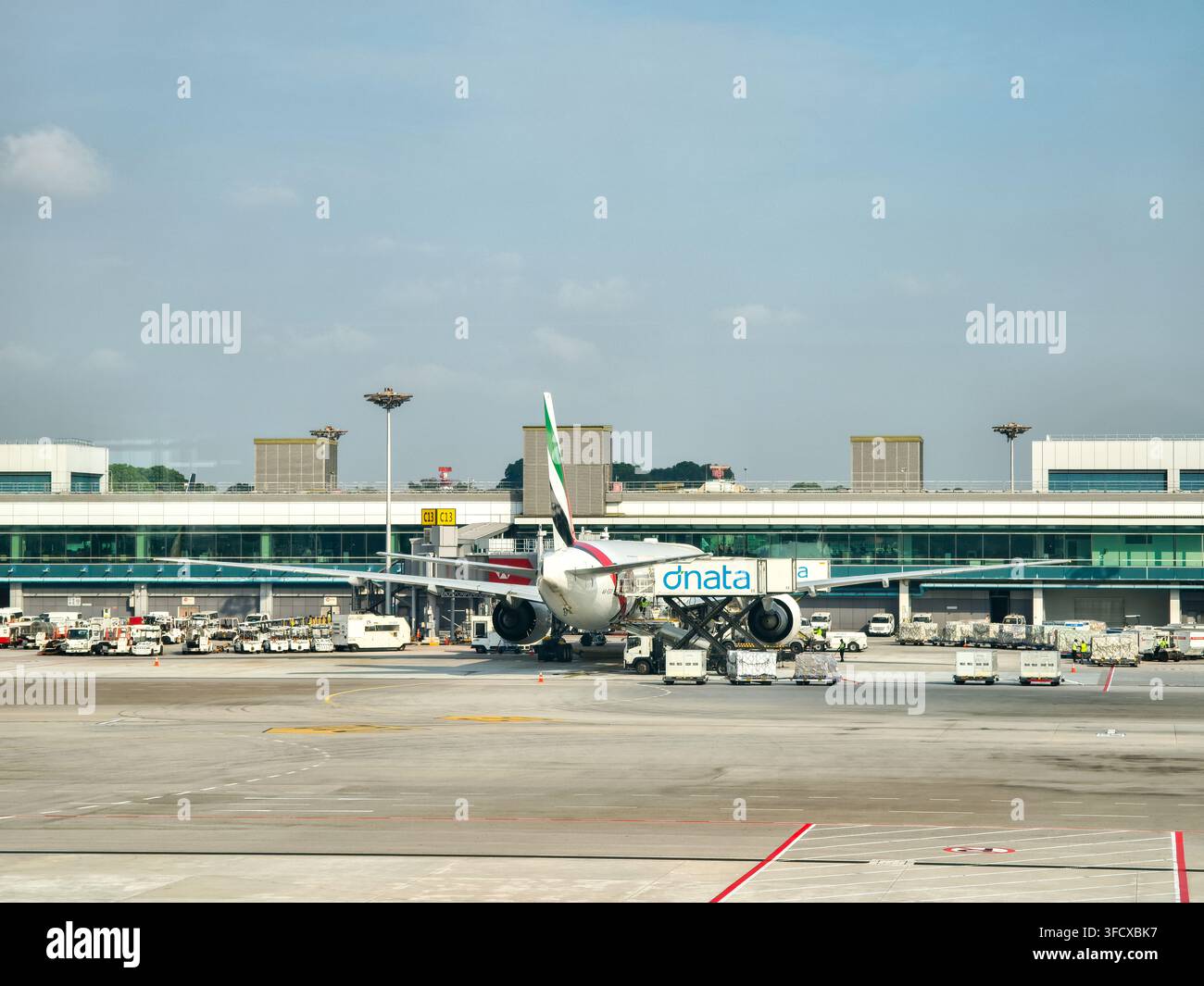 Attrezzature di handling a terra collegate a un aereo Emirates presentano il marchio dnata (Dubai National Air Travel Agency). Aeroporto di Changi Singapore Foto Stock
