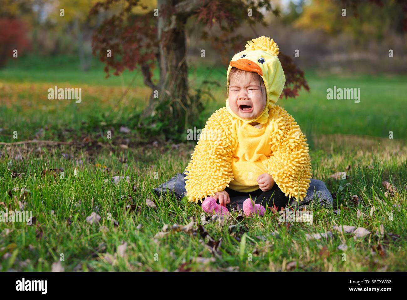 Bambino che piange in costume di papera gialla ad Halloween Foto Stock