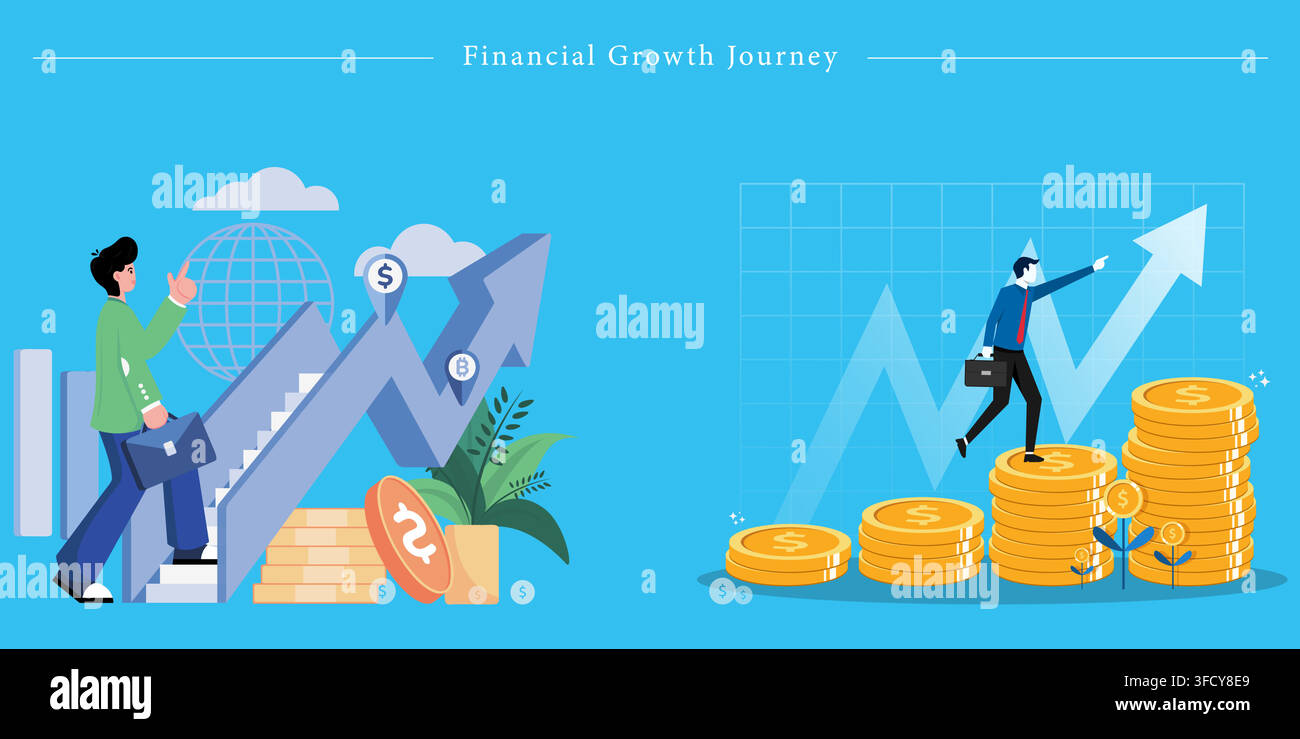 Set di illustrazioni vettoriali del percorso di crescita finanziaria con uomo d'affari su scala mobile, grafico in aumento, pile di monete d'oro e simboli di successo professionale. Illustrazione Vettoriale