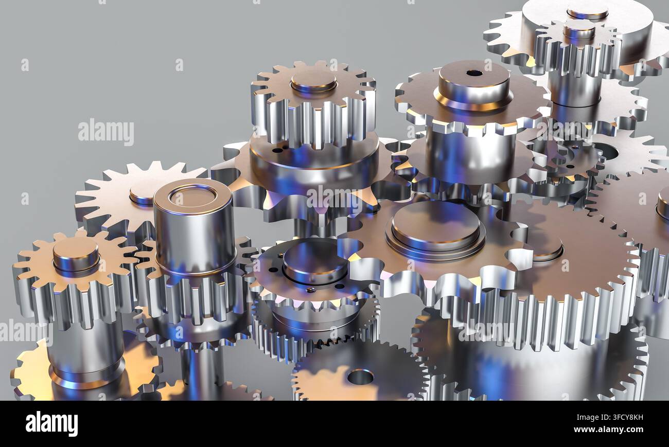 Ingranaggi metallici 3D che ruotano insieme Foto Stock