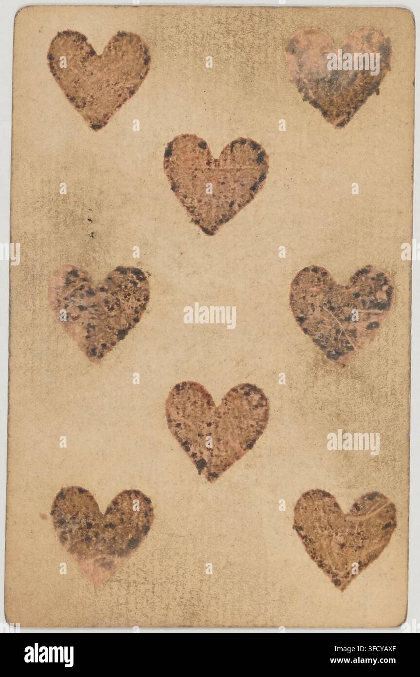 Un'incisione del 1816 tratta dal set “Jeu de cartes au portrait officiel de 1816”, con otto simboli di cuori su uno sfondo di carta ruvida. Foto Stock