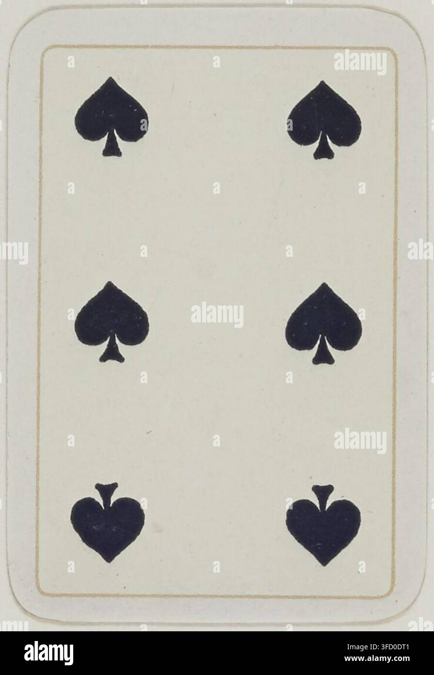 Un'incisione del 1900 di una carta da gioco con sei simboli di picche, relativa al gioco delle Patiences. Foto Stock