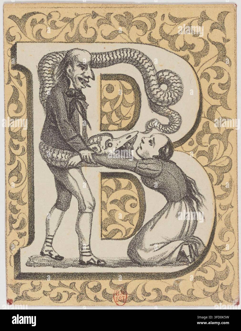Un'incisione del 1830 da Jeux éducatifs, raffigurante un uomo con ali e una coda simile a un serpente che tiene una donna per il collo, entrambe le figure all'interno di una grande lettera "B" con disegni intricati, contrassegnata B.N. EST. Foto Stock