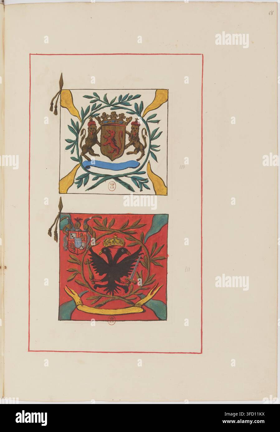 Due emblemi araldici del XVIII secolo, ciascuno incorniciato da un bordo rosso, del periodo compreso tra il 1735 e il 1740. Foto Stock