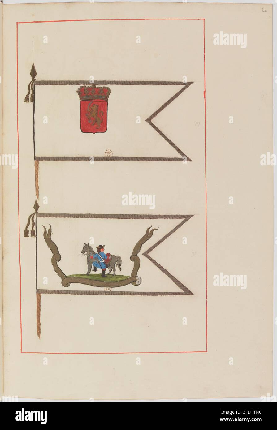 Disegno del XVIII secolo di due étendards, o stendardi, con simboli araldici, datato tra il 1735 e il 1740. Foto Stock