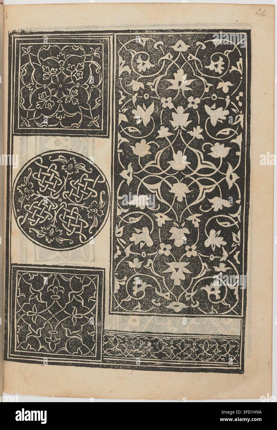 Una stampa del 1528 con motivi e disegni elaborati per arazzi e lavori di cucito, tra cui motivi floreali, forme geometriche e linee intrecciate, disposti in un layout a griglia. Foto Stock