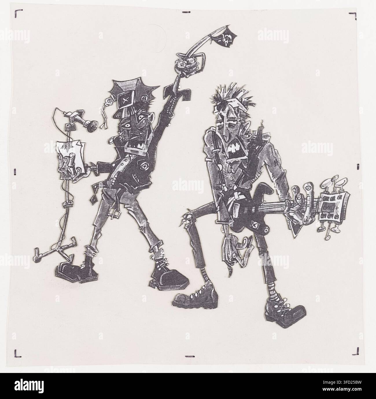 Due figure, una che tiene un'ascia e l'altra che suona una chitarra, entrambe indossano costumi elaborati, in un'opera del 1977-2020. Foto Stock