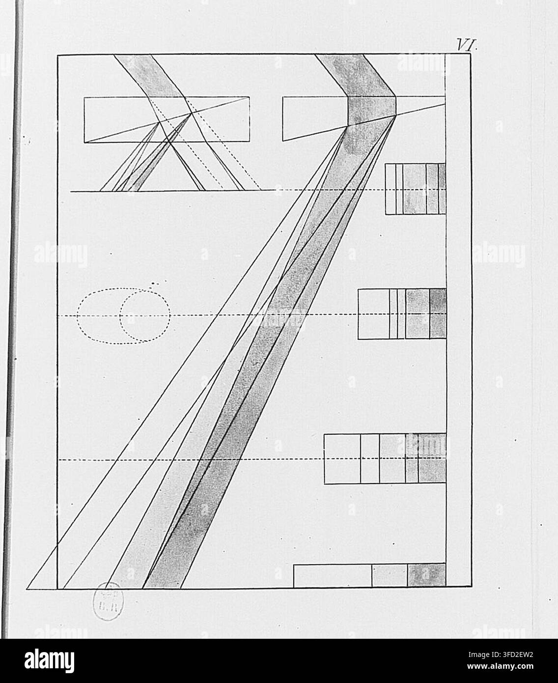 Un diagramma geometrico del 1810, con linee intersecanti e rettangoli ombreggiati in un layout strutturato con una linea diagonale centrale. Foto Stock