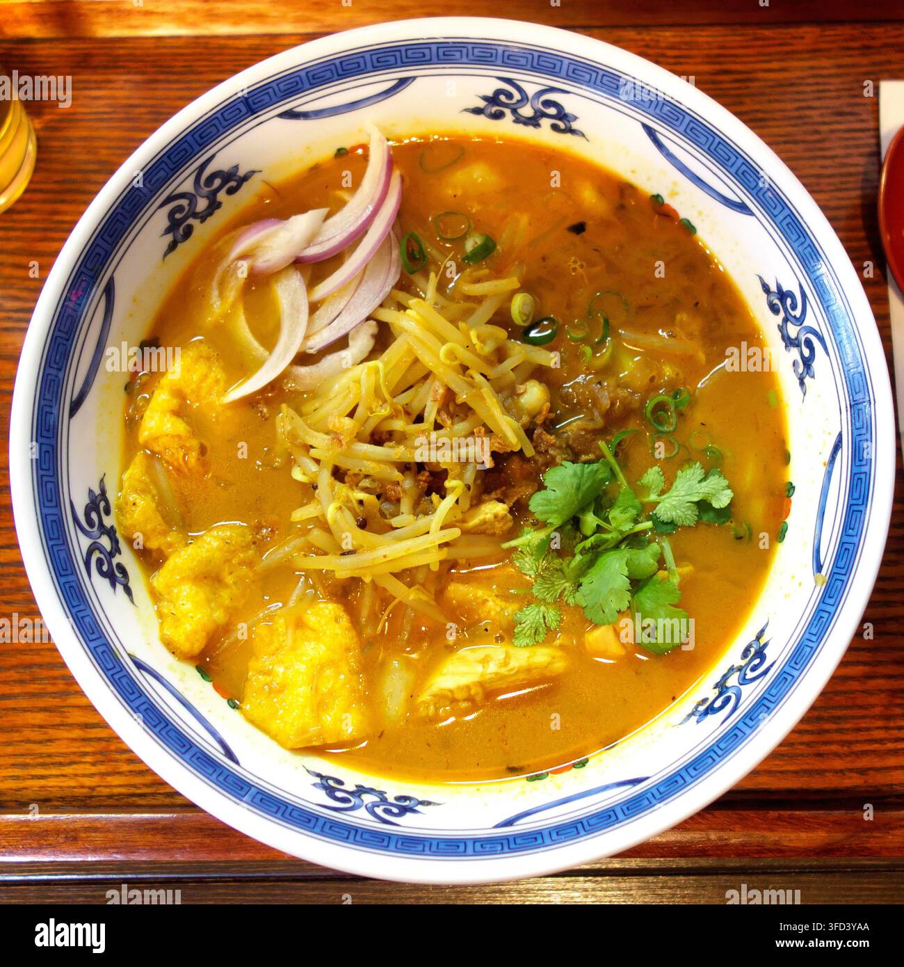 Una vista dall'alto di una ciotola di deliziosa zuppa di noodles al curry laksa, con cuscini di tofu, germogli di fagioli, cipolla rossa affettata ed erbe di coriandolo fresche su un w Foto Stock