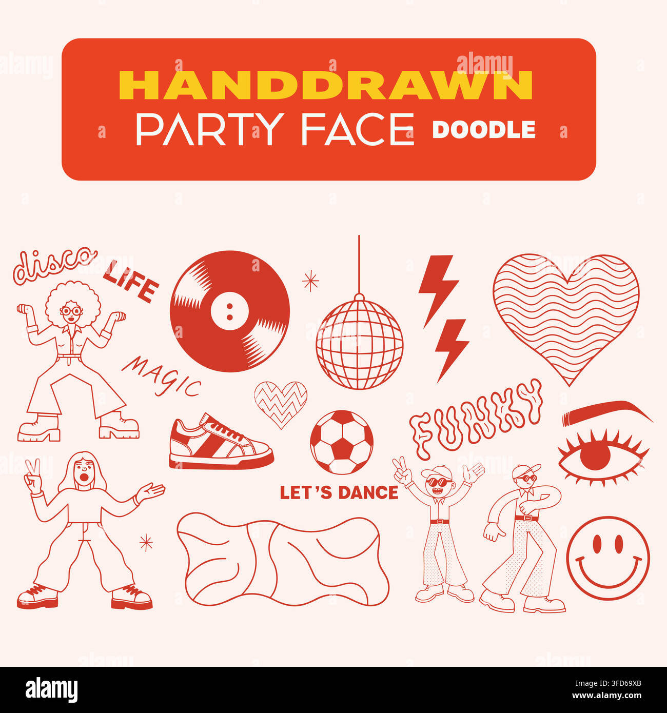Set di doodle line-art retrò per feste disco con ballerini degli anni '70 ed elementi groovy vettoriali Illustrazione Vettoriale
