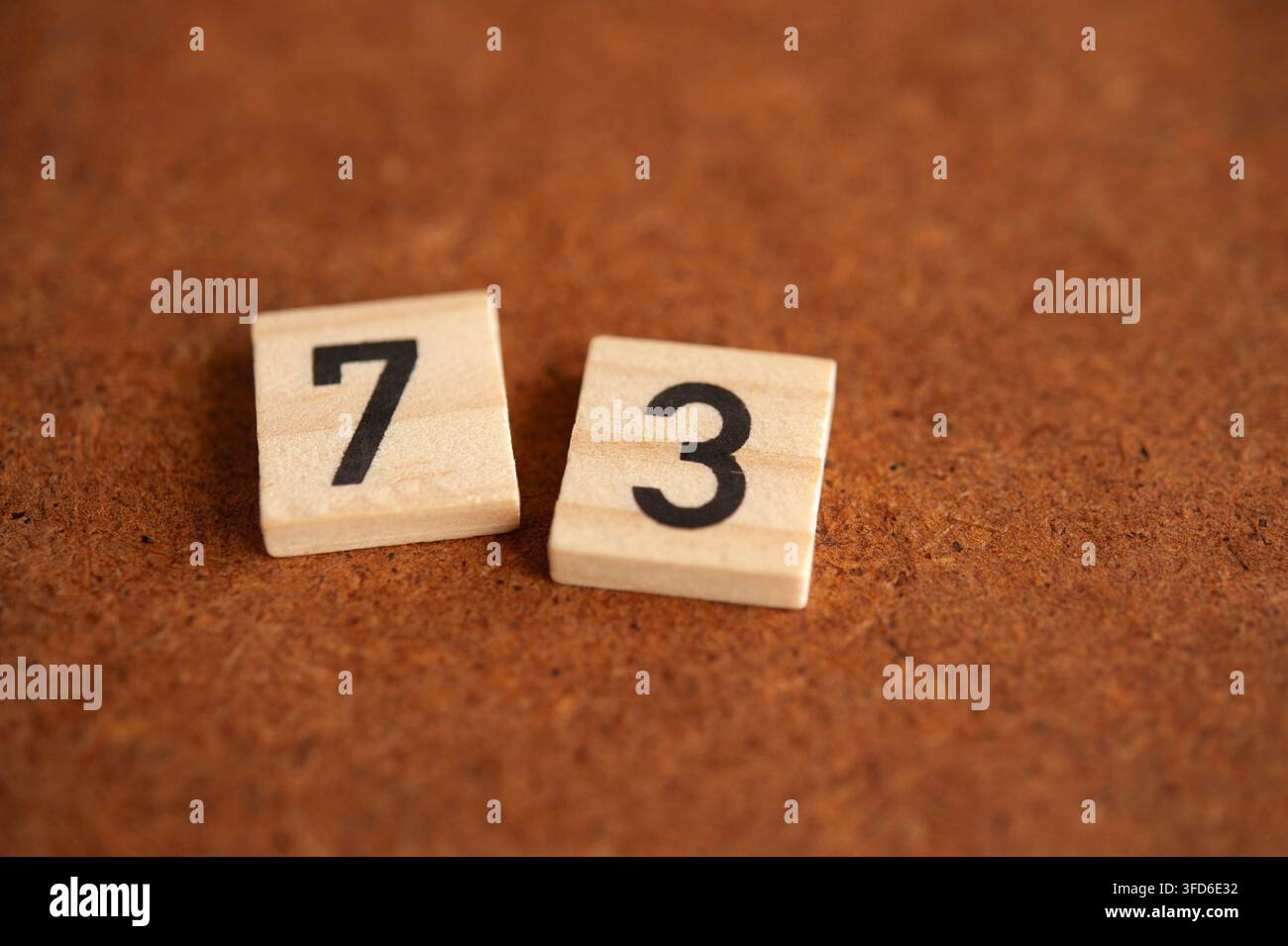 Piastrella di legno con il numero primo 73 su una superficie marrone rustica, concetto matematico con spazio libero per l'educazione e la numerazione Foto Stock
