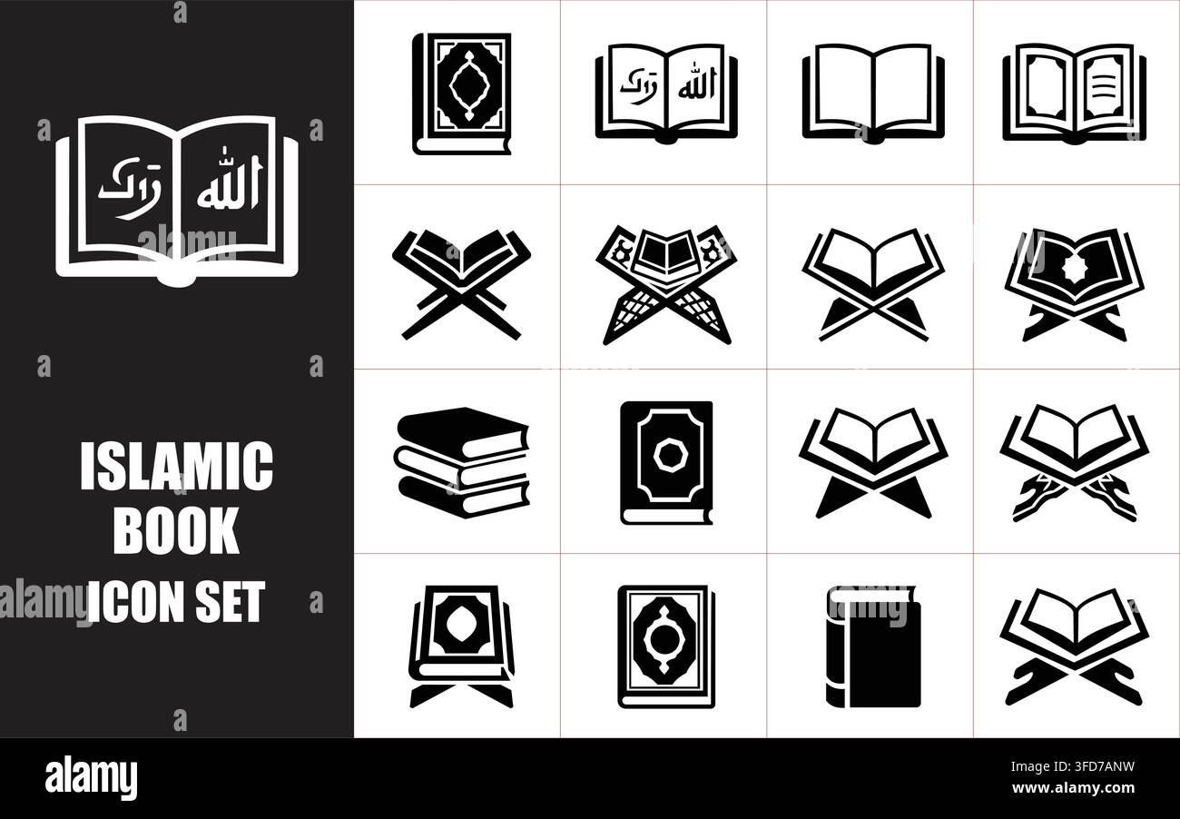 Collezione di icone in silhouette nera del libro sacro islamico e del rehal del Corano progettata per la celebrazione del Ramadan Kareem e i segnali religiosi. Illustrazione Vettoriale