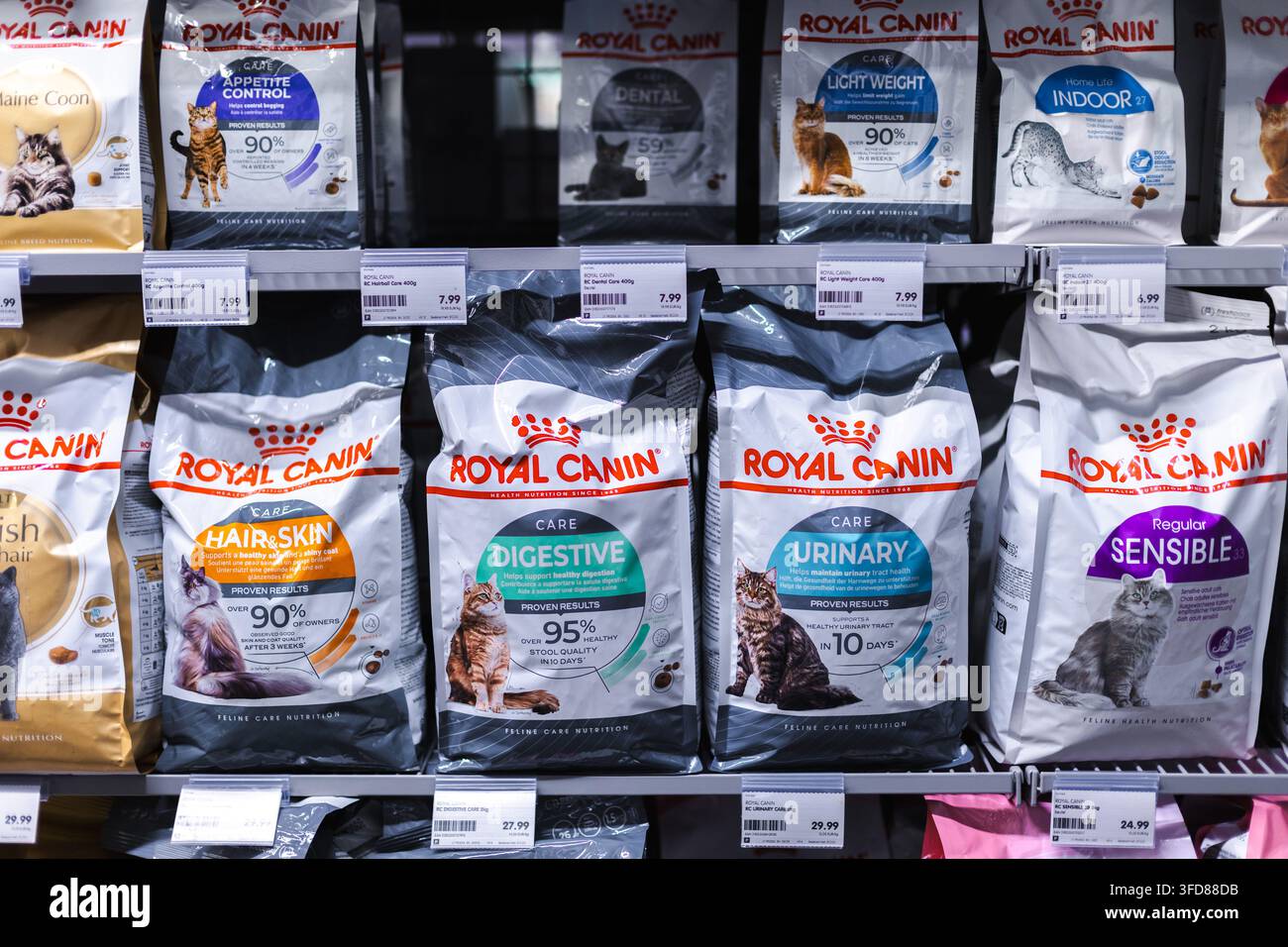 Esposizione di cibo per gatti Royal Canin sugli scaffali del supermercato Foto Stock