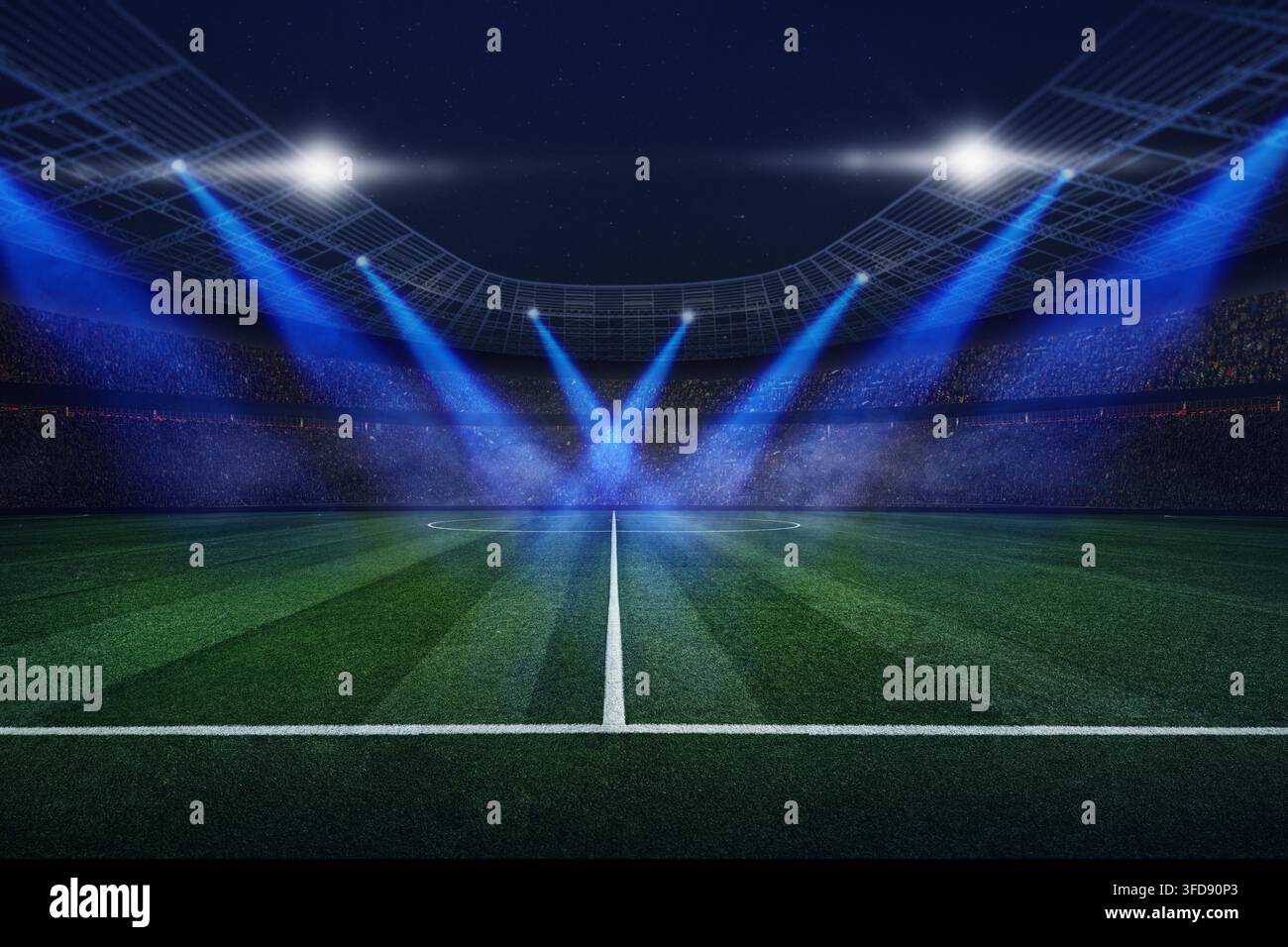 Grande stadio sportivo illuminato da fari blu di notte. Torneo sportivo, campionato. Spazio per design e testo. Foto Stock