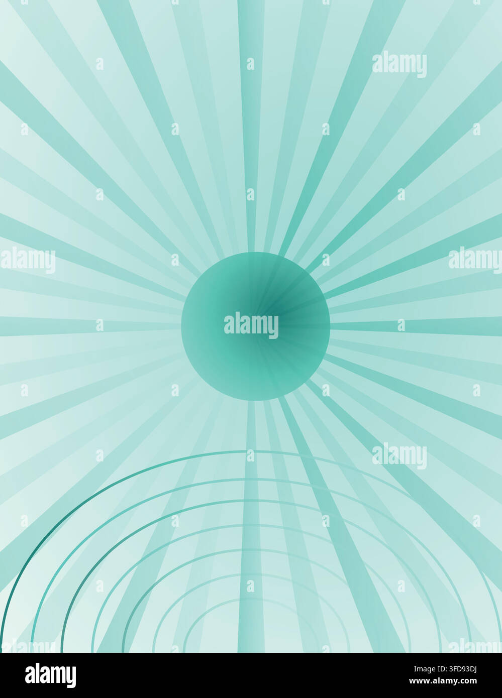 Design grafico minimalista con un elemento circolare centrale e archi concentrici, su uno sfondo di raggi di luce radianti in verde acqua. Illustrazione Vettoriale