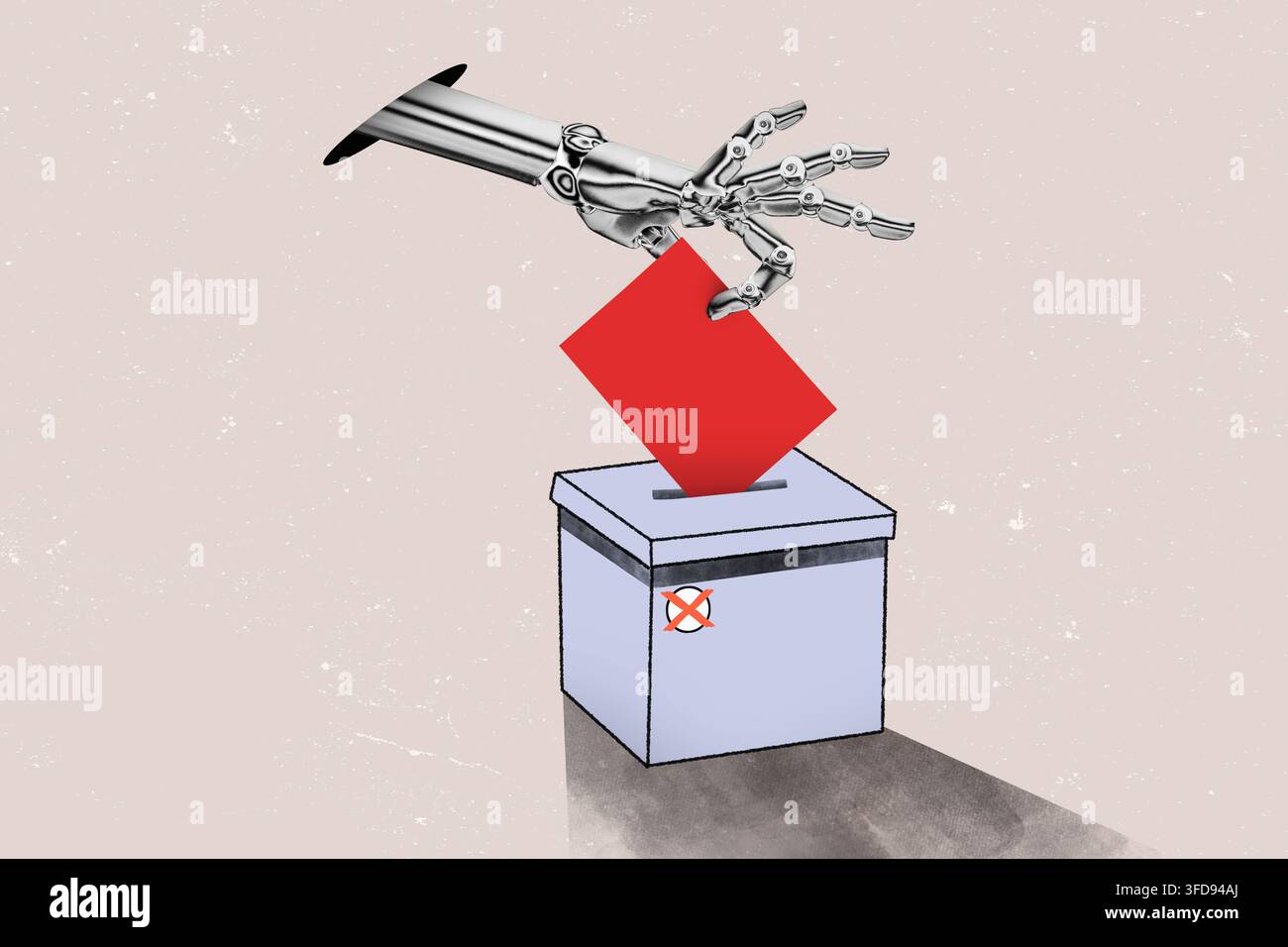 Mano di robot cyber che inserisce una scheda elettorale rossa nell'urna. Concetto di frode elettorale politica. Chatbot partecipa al voto. Foto Stock