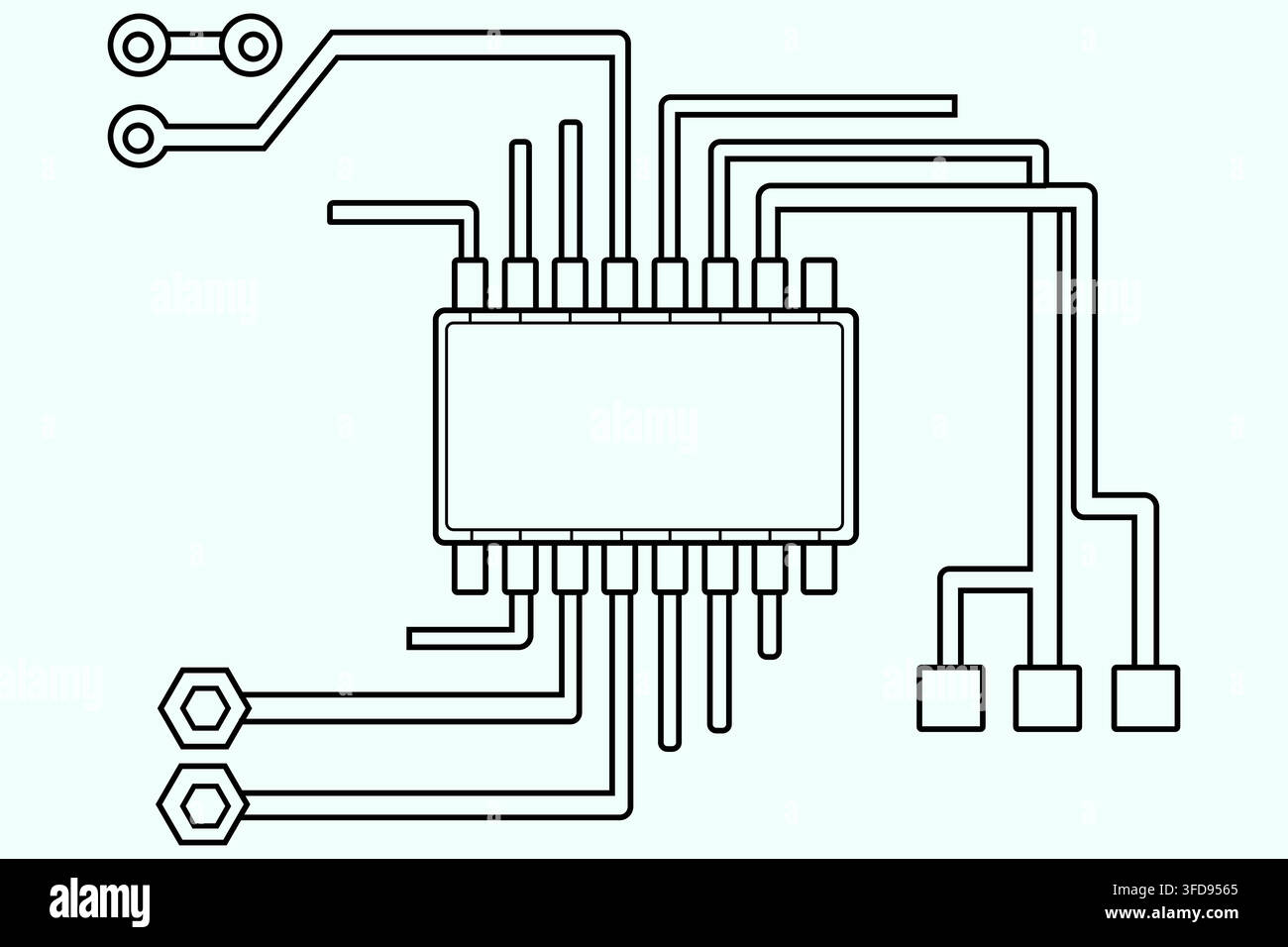 Un disegno schematico a linee di un chip di unità centrale di elaborazione con vari percorsi di circuito e punti di connessione su uno sfondo chiaro. Illustrazione Vettoriale