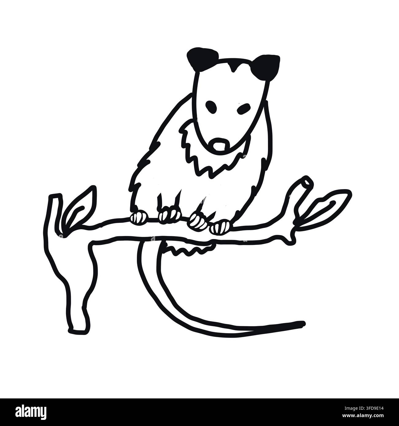 Illustrazione in linea arte del opossum dei boschi – Animale della foresta Foto Stock