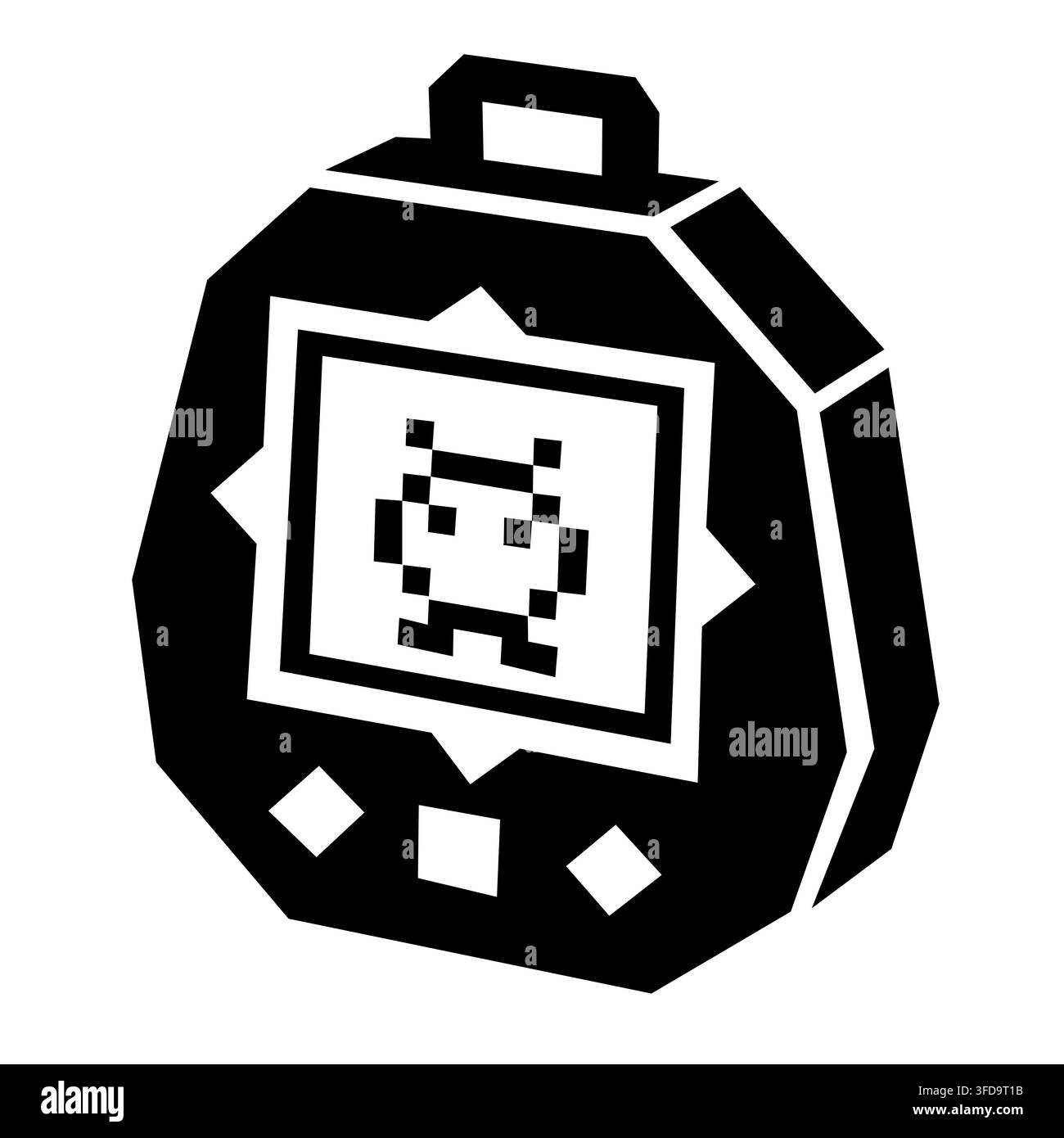 Illustrazione geometrica minimalista in bianco e nero di un dispositivo di gioco video portatile retrò con schermo e controlli, adatto per il gaming, la nostalgia e p Foto Stock