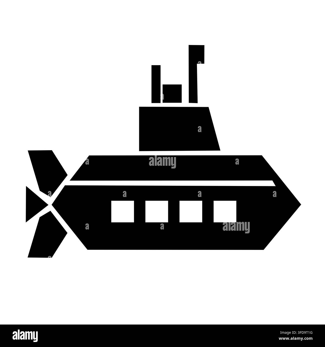 Illustrazione geometrica minimalista in bianco e nero di un traghetto o nave passeggeri, adatta per il trasporto marittimo, i viaggi, le crociere, il porto e la nautica Foto Stock