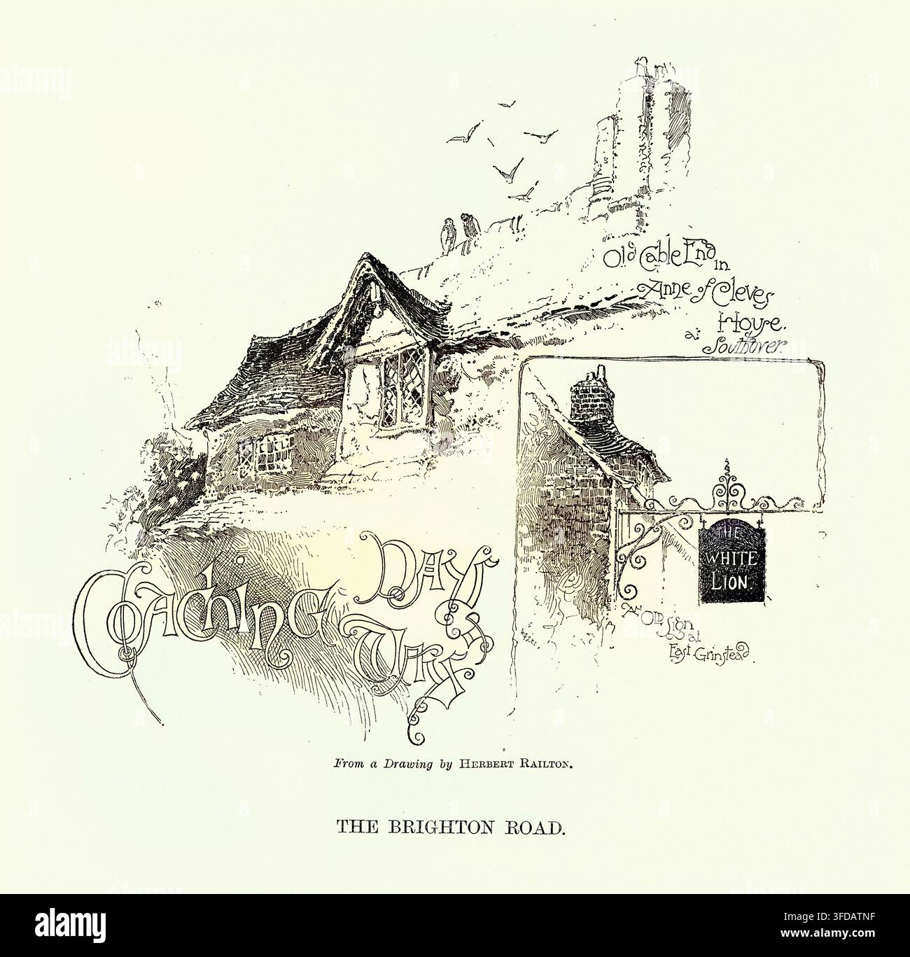 Casa di Anna di Cleve e insegna del White Lion Inn, Lewes, illustrazione vintage del XIX secolo Foto Stock