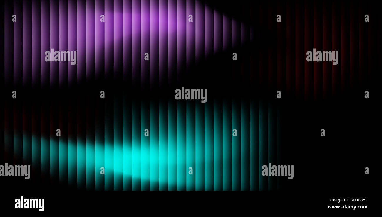 Sfondo digitale astratto con linee verticali e onde di luce lisce, viola e ciano che scorrono su una superficie scura. Illustrazione Vettoriale