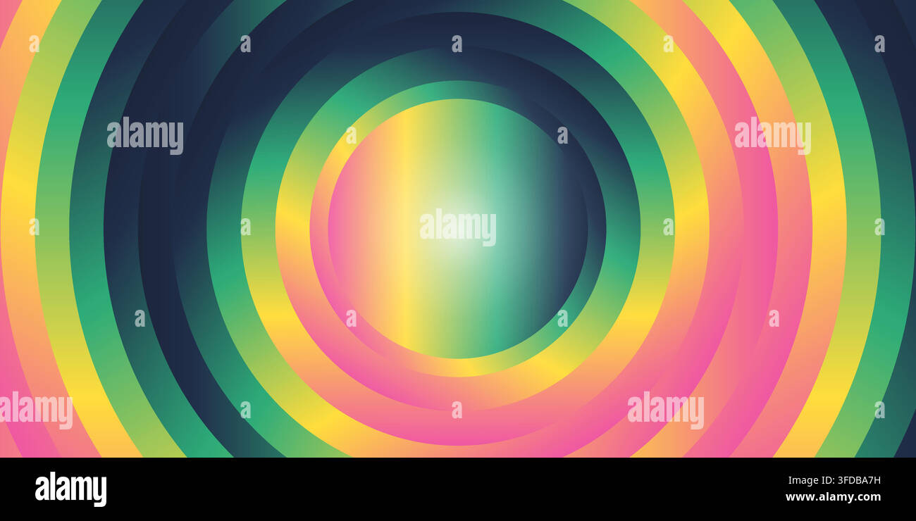 Sfondo astratto con cerchi concentrici vivaci e una sfumatura radiale liscia, che mescola toni di giallo, rosa e verde in un design moderno. Illustrazione Vettoriale