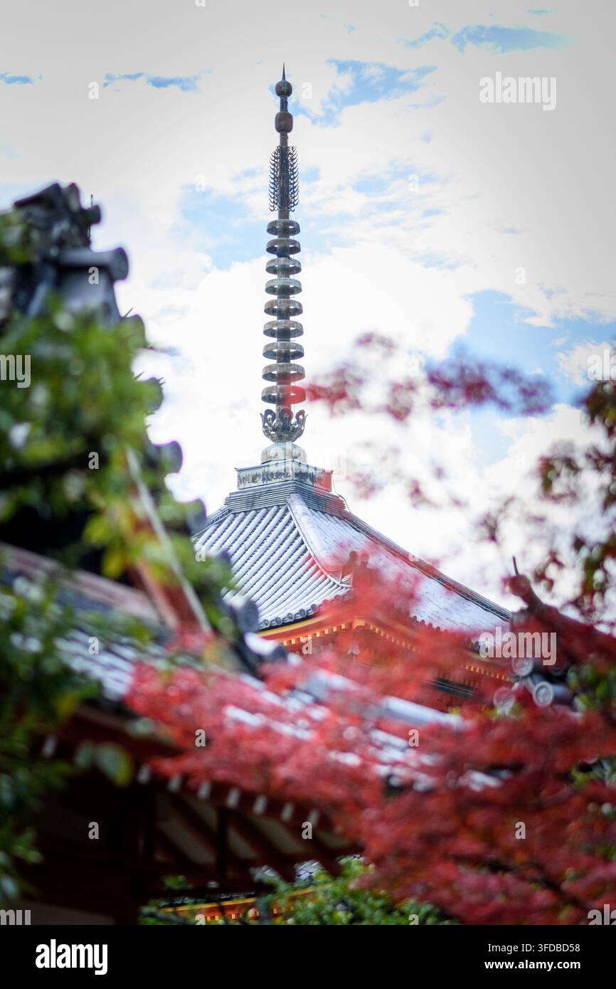 Una fotografia ben composta che mostra un tempio giapponese tradizionale con la sua prominente e intricata stupa o pagoda, parzialmente oscurata Foto Stock
