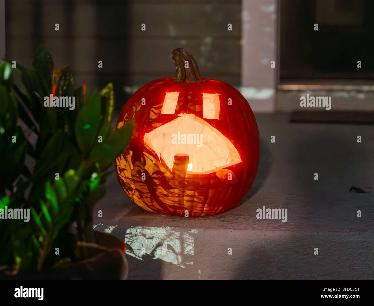 Primo piano di una zucca di Halloween scolpita e luminosa Foto Stock